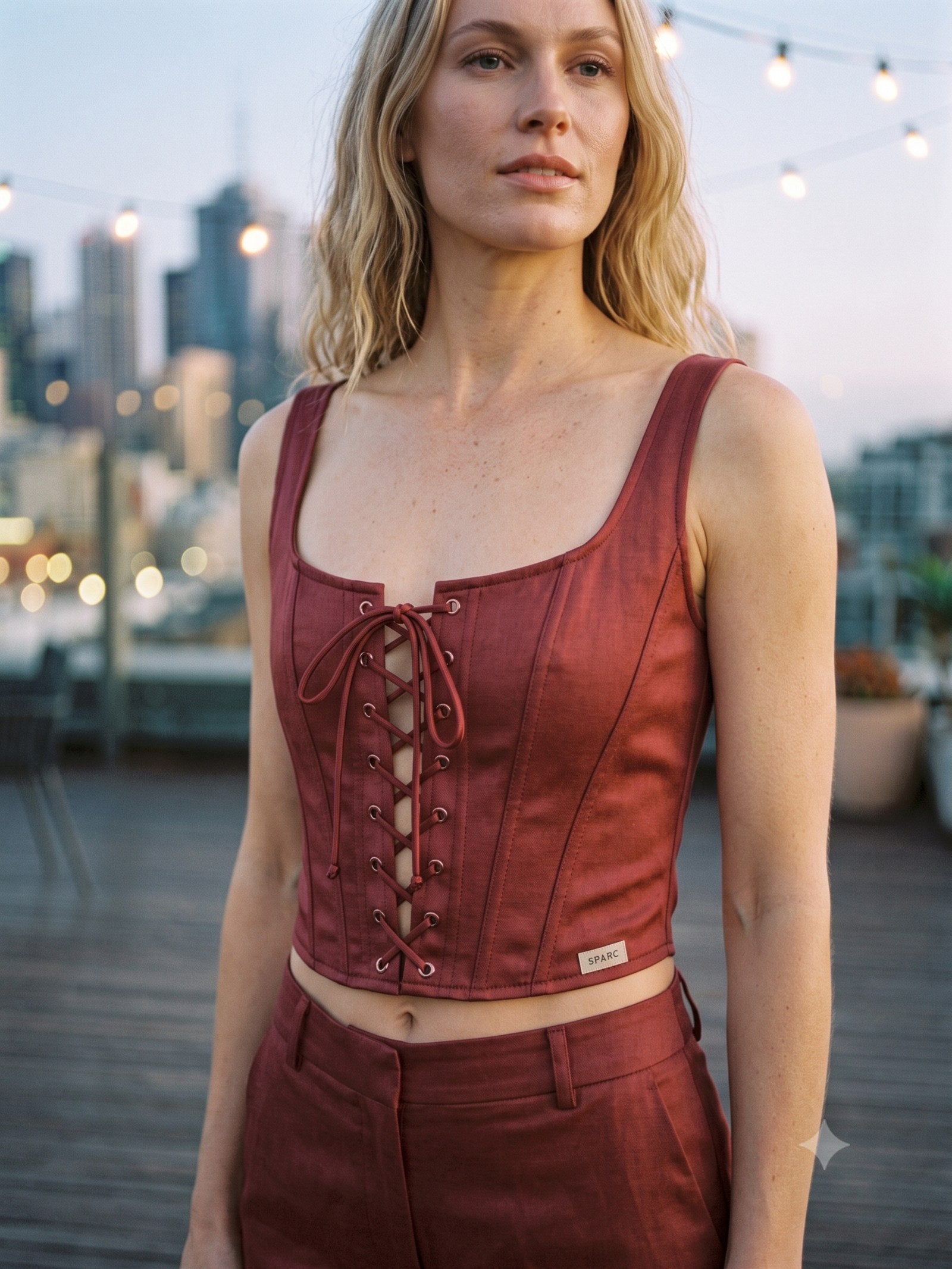 Ash Satin Corset Top in Garnet, detail