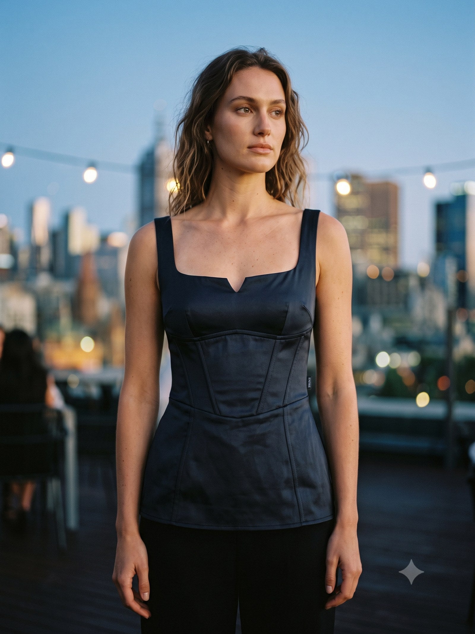 Ash Satin Corset Top in Ink, front
