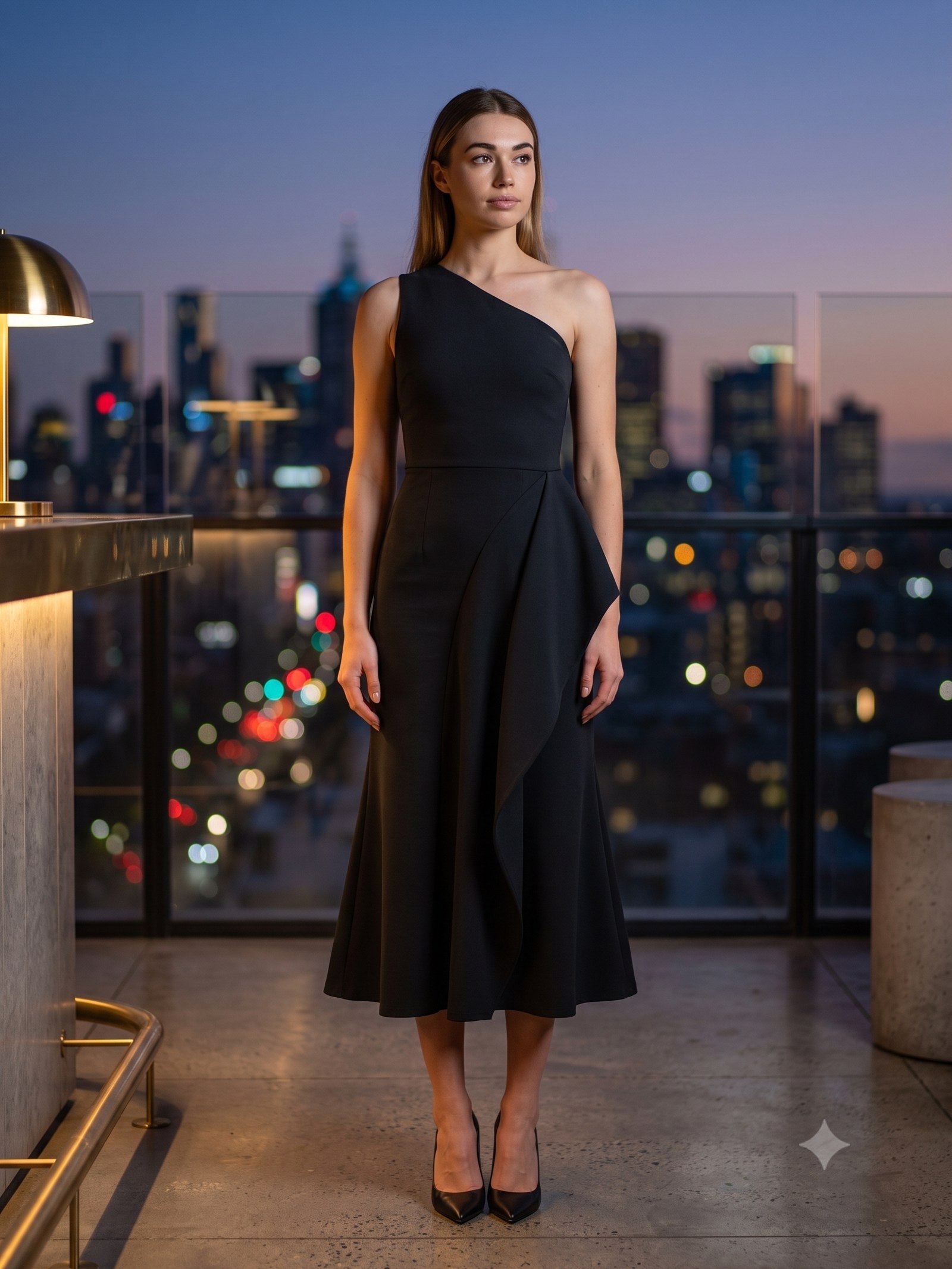Aurora Sculpted Crepe Midi in Black, front