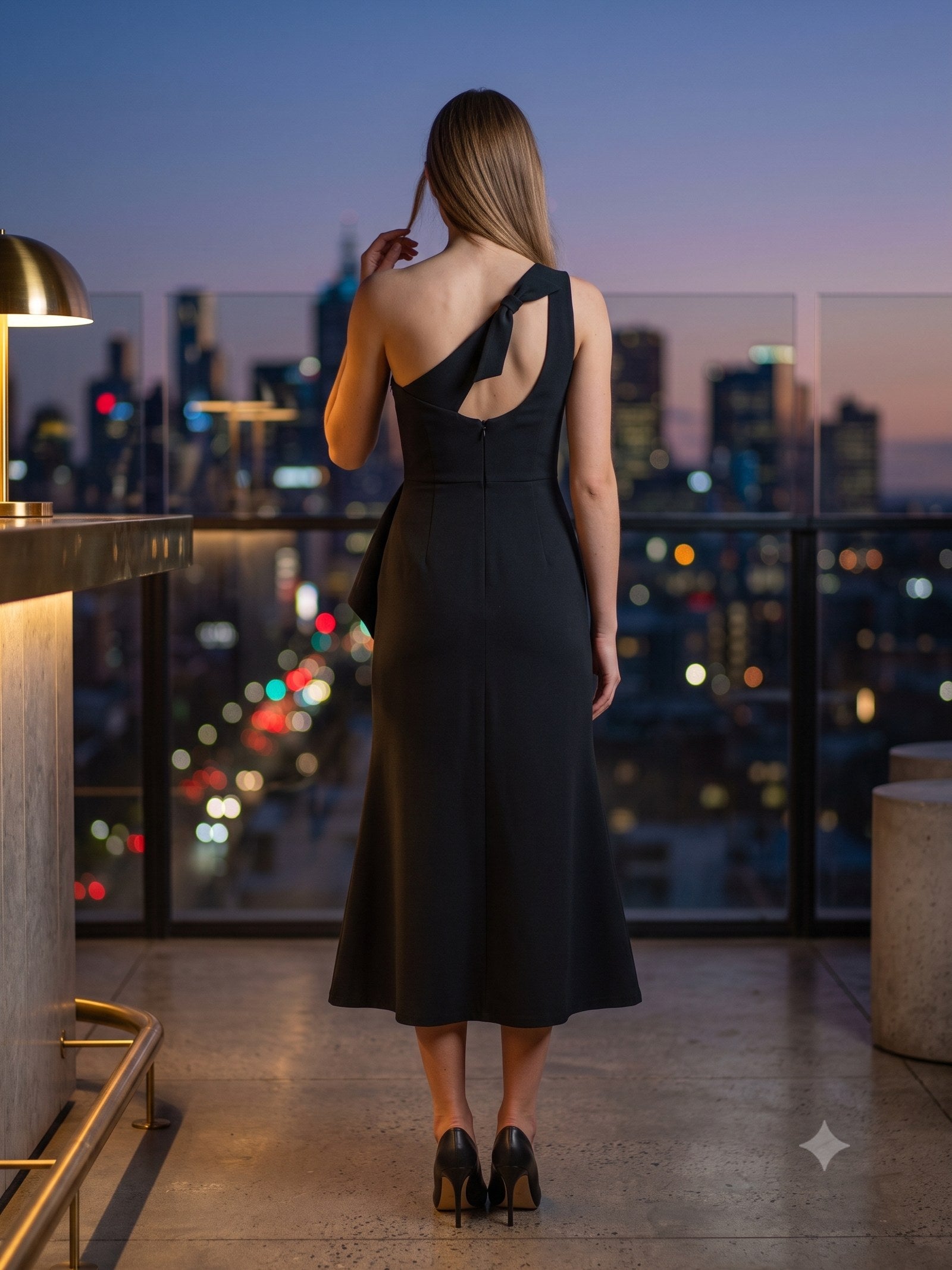 Aurora Sculpted Crepe Midi in Black, back