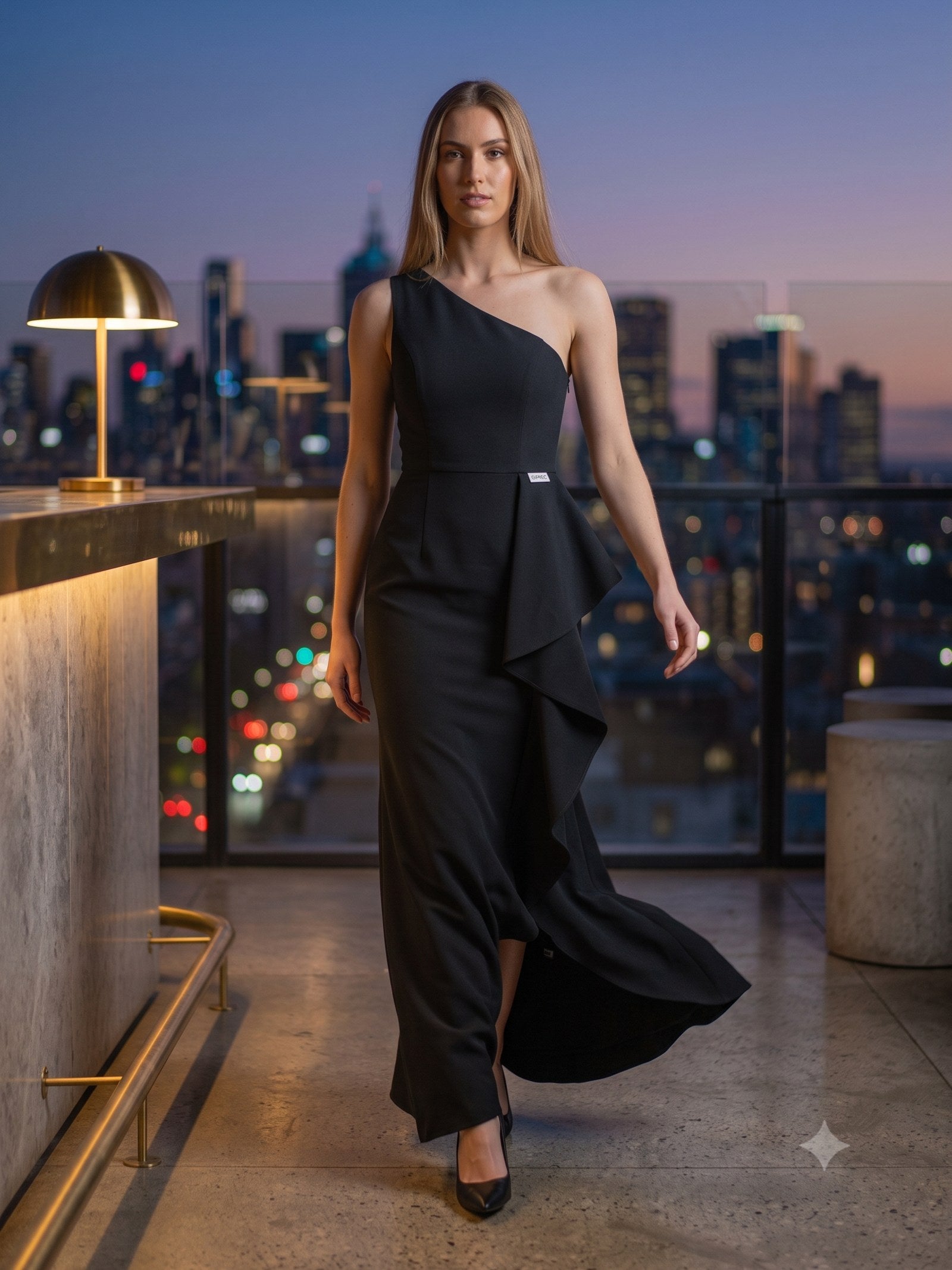 Aurora Sculpted Crepe Midi in Black, in motion