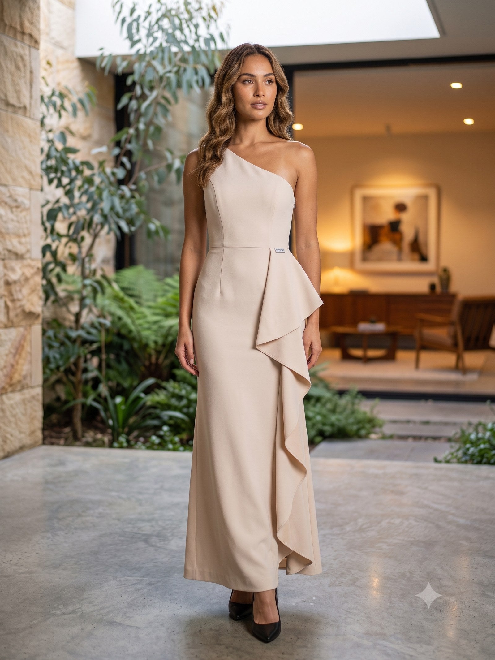 Aurora Sculpted Crepe Midi in Cloud, front