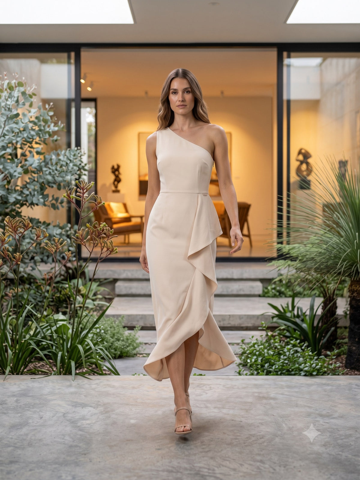 Aurora Sculpted Crepe Midi in Cloud, in motion