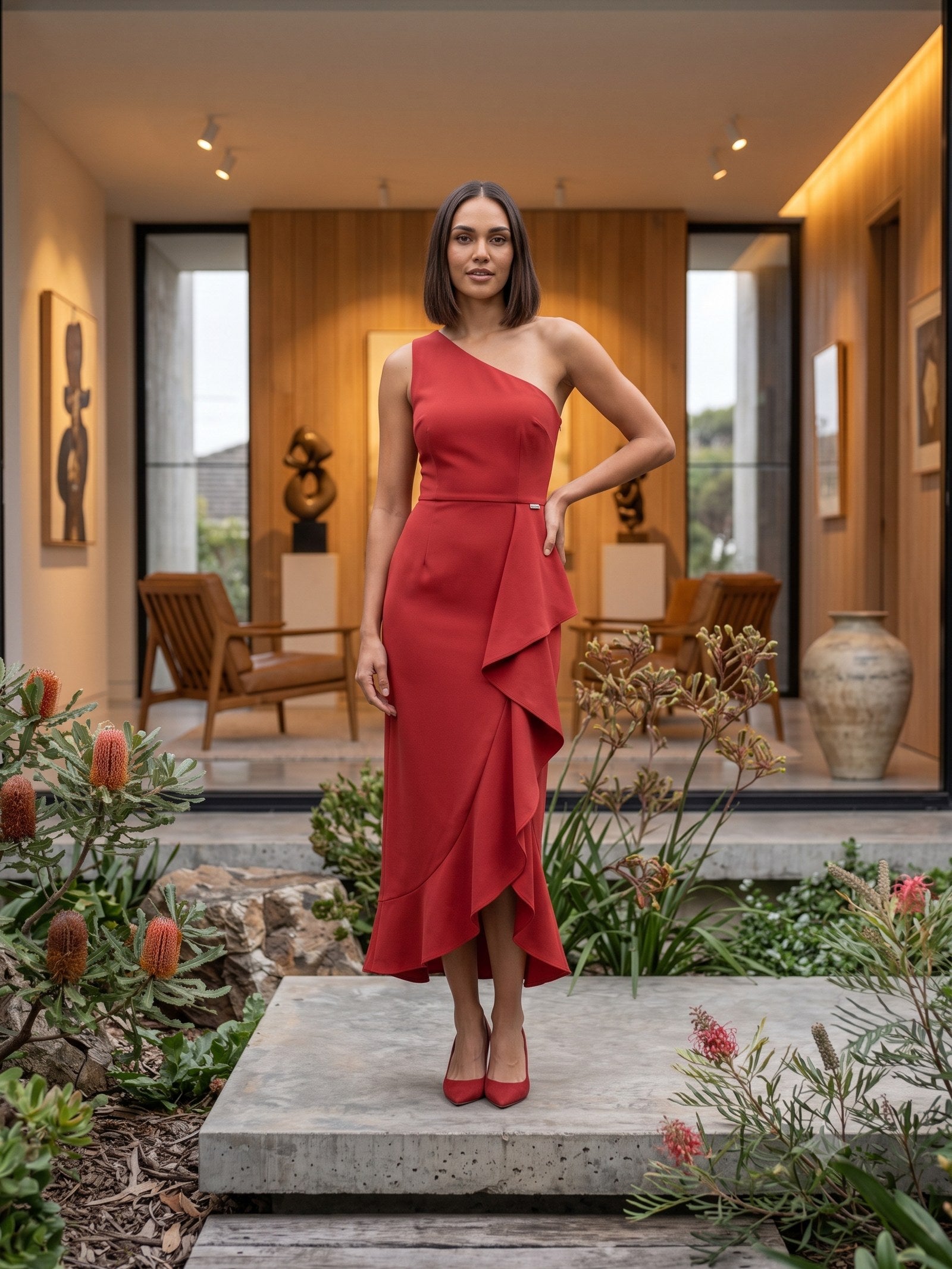 Aurora Sculpted Crepe Midi in Lava, front