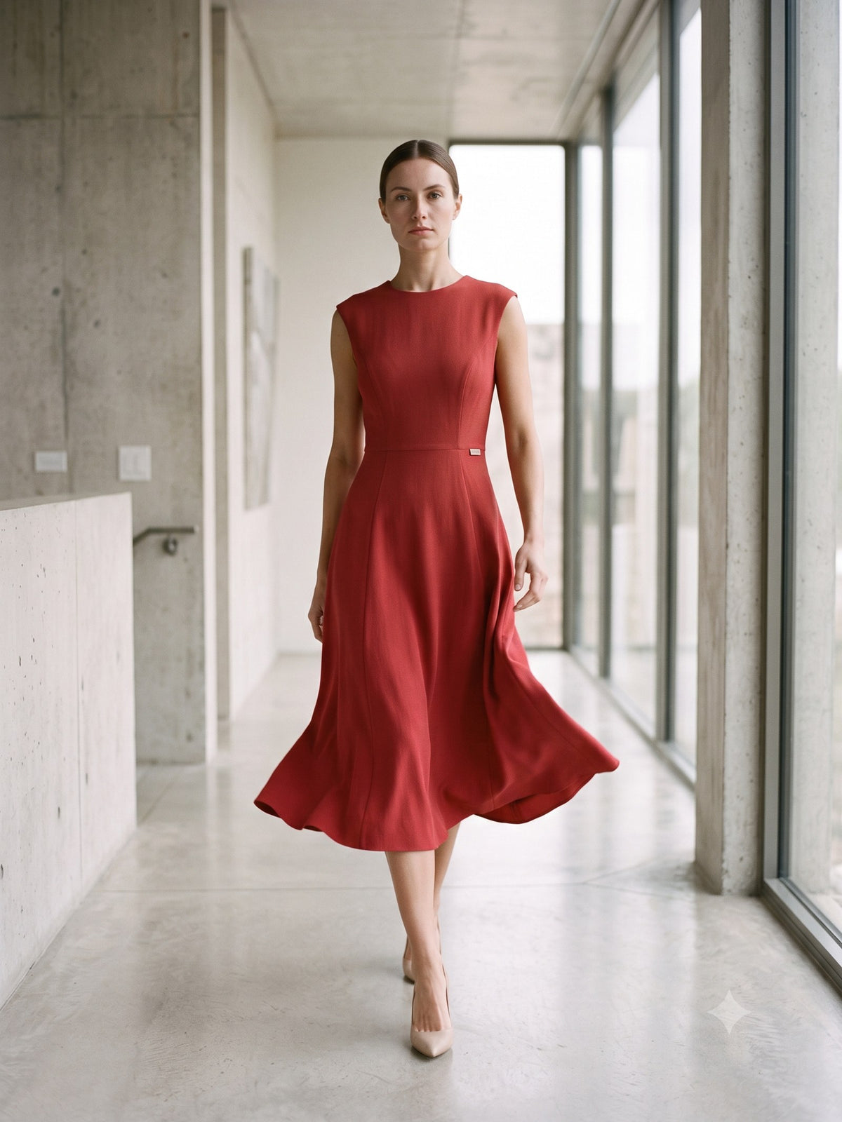Aurora Sculpted Crepe Midi in Lava, in motion