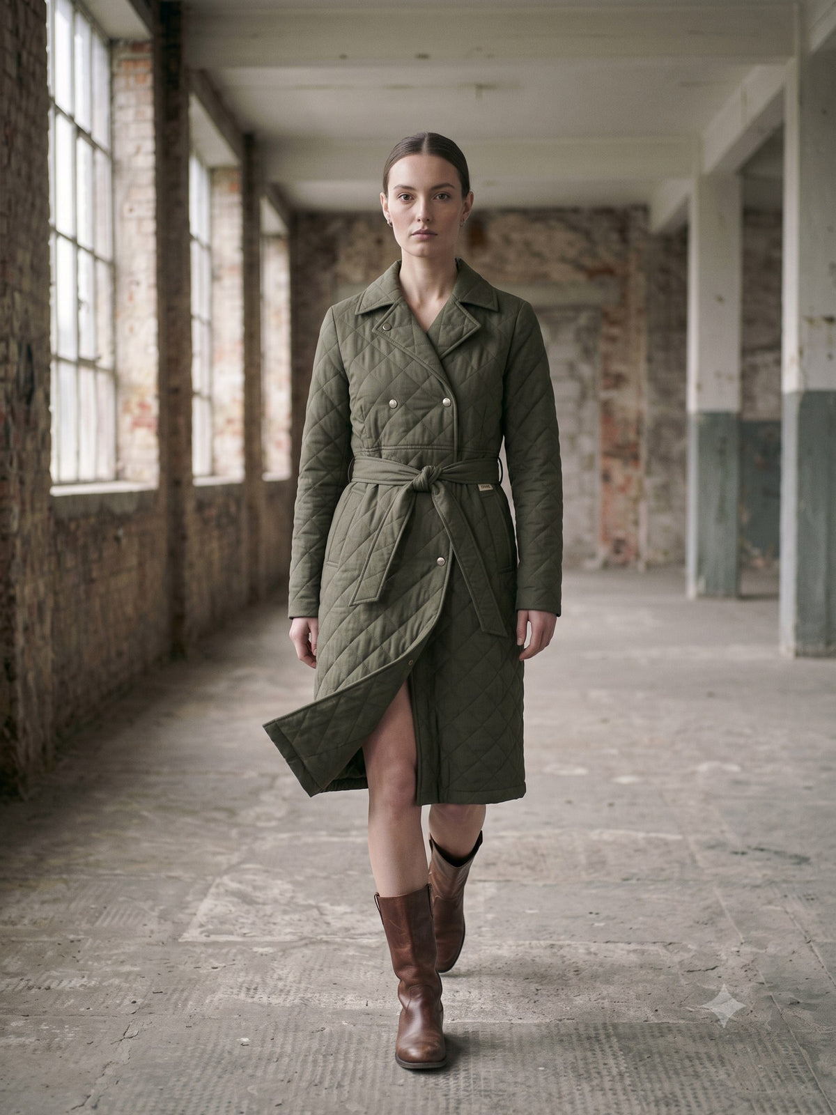 Ballast Quilted Shell Coat in Moss, in motion
