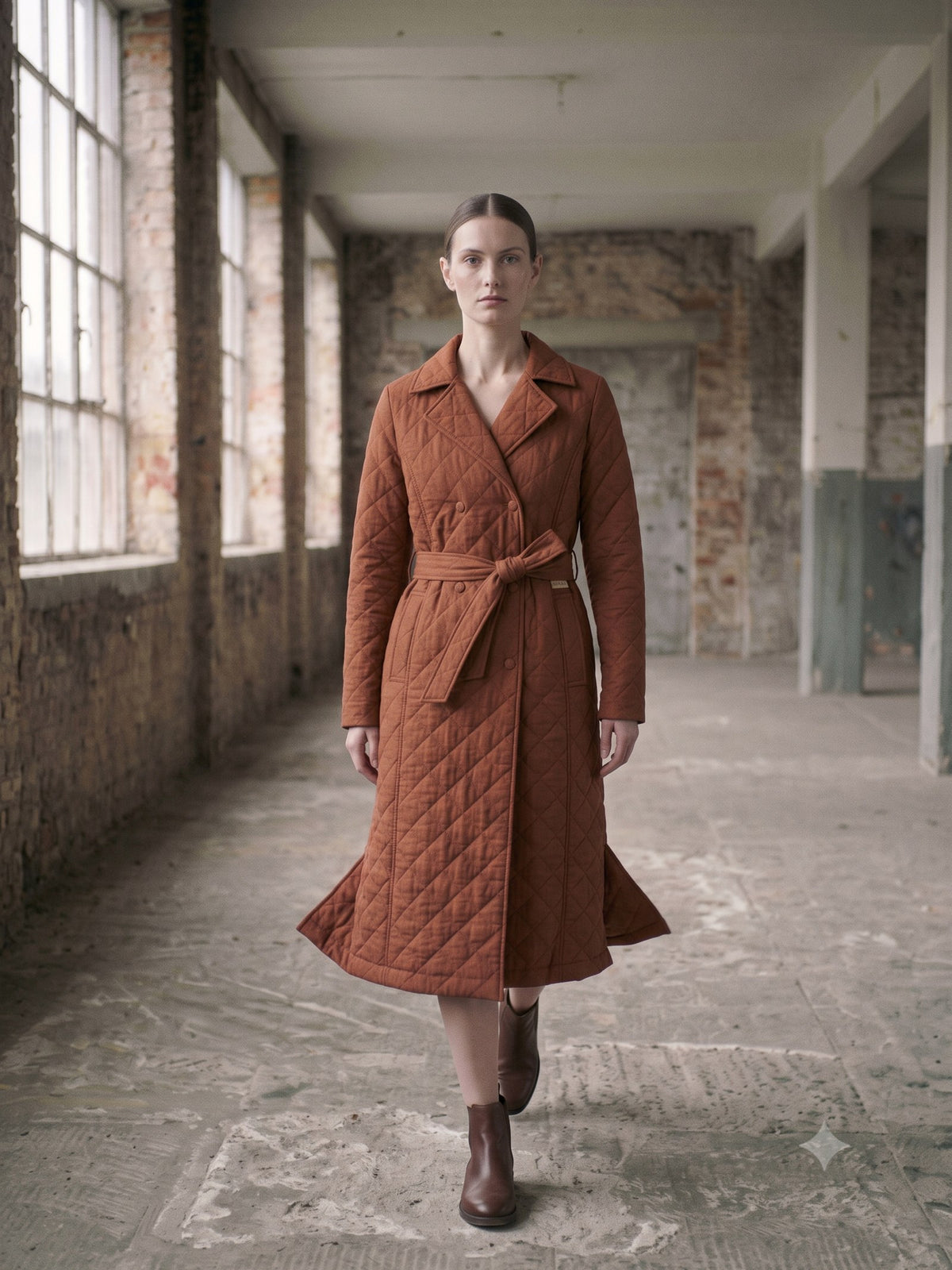 Ballast Quilted Shell Coat in Rust, in motion