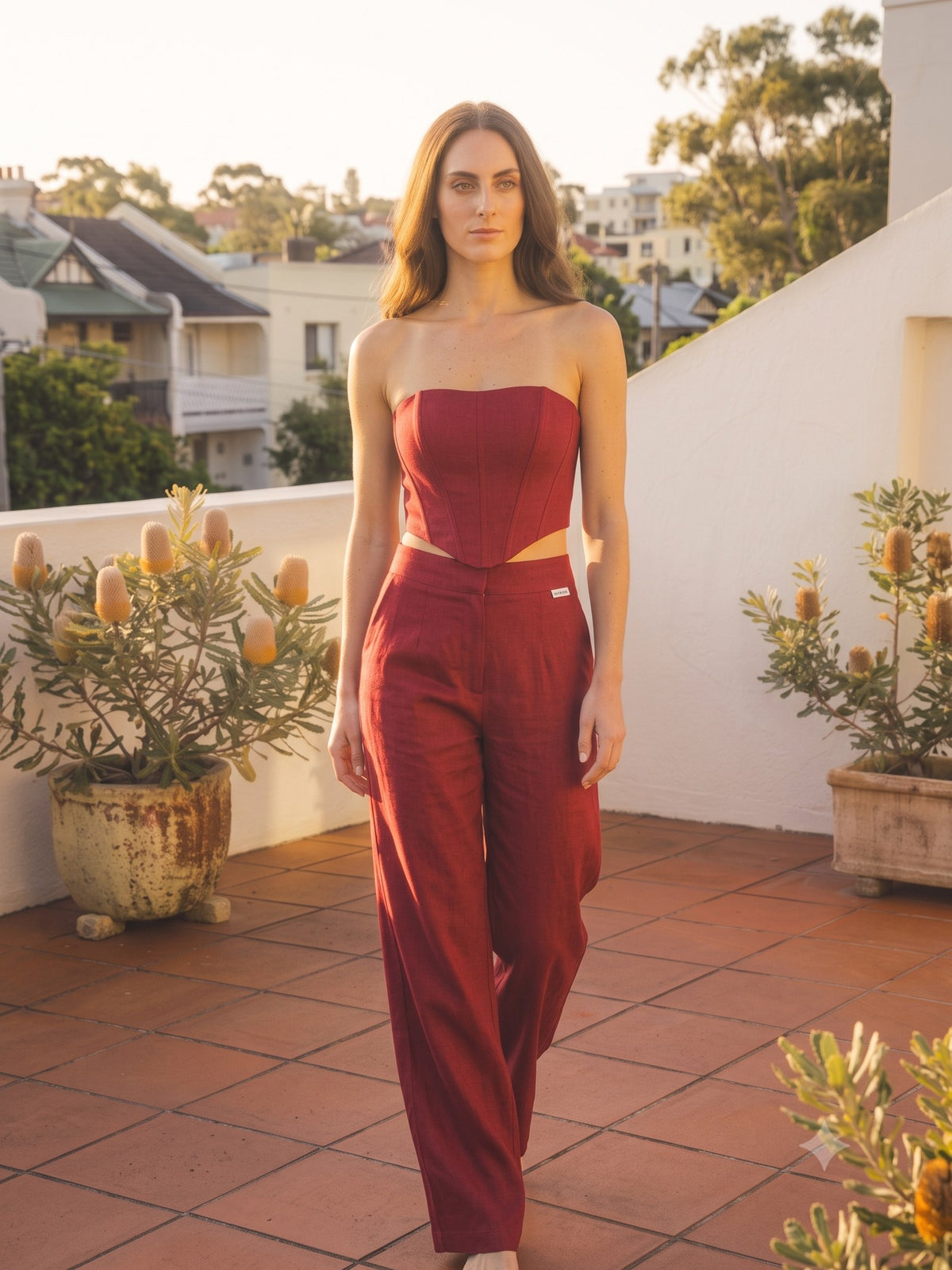 Beacon Bustier and Trouser Set in Cherry Lacquer, front