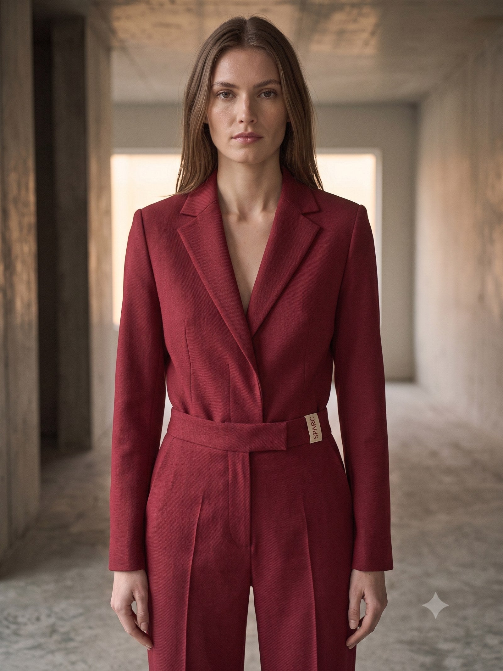 Bearing Wool-Crepe Suit Set in Cherry Lacquer, detail