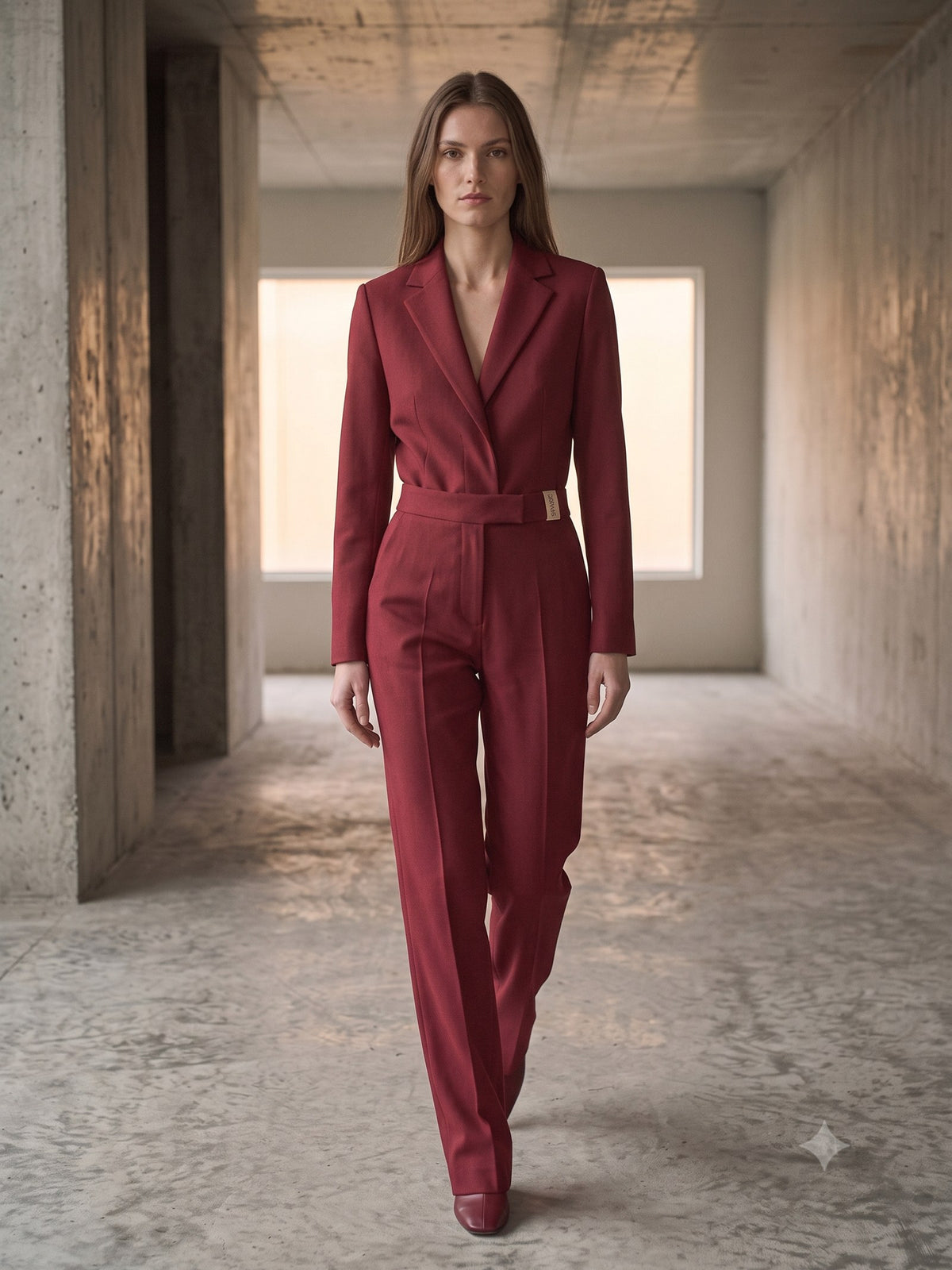 Bearing Wool-Crepe Suit Set in Cherry Lacquer, in motion