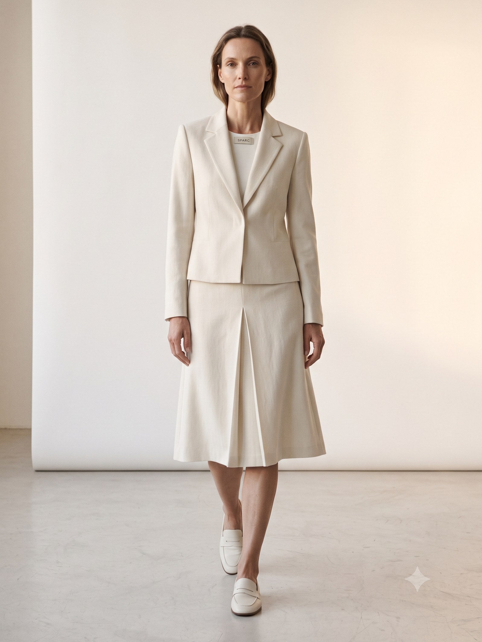 Casement Wool-Linen Skirt Suit in Bone, in motion