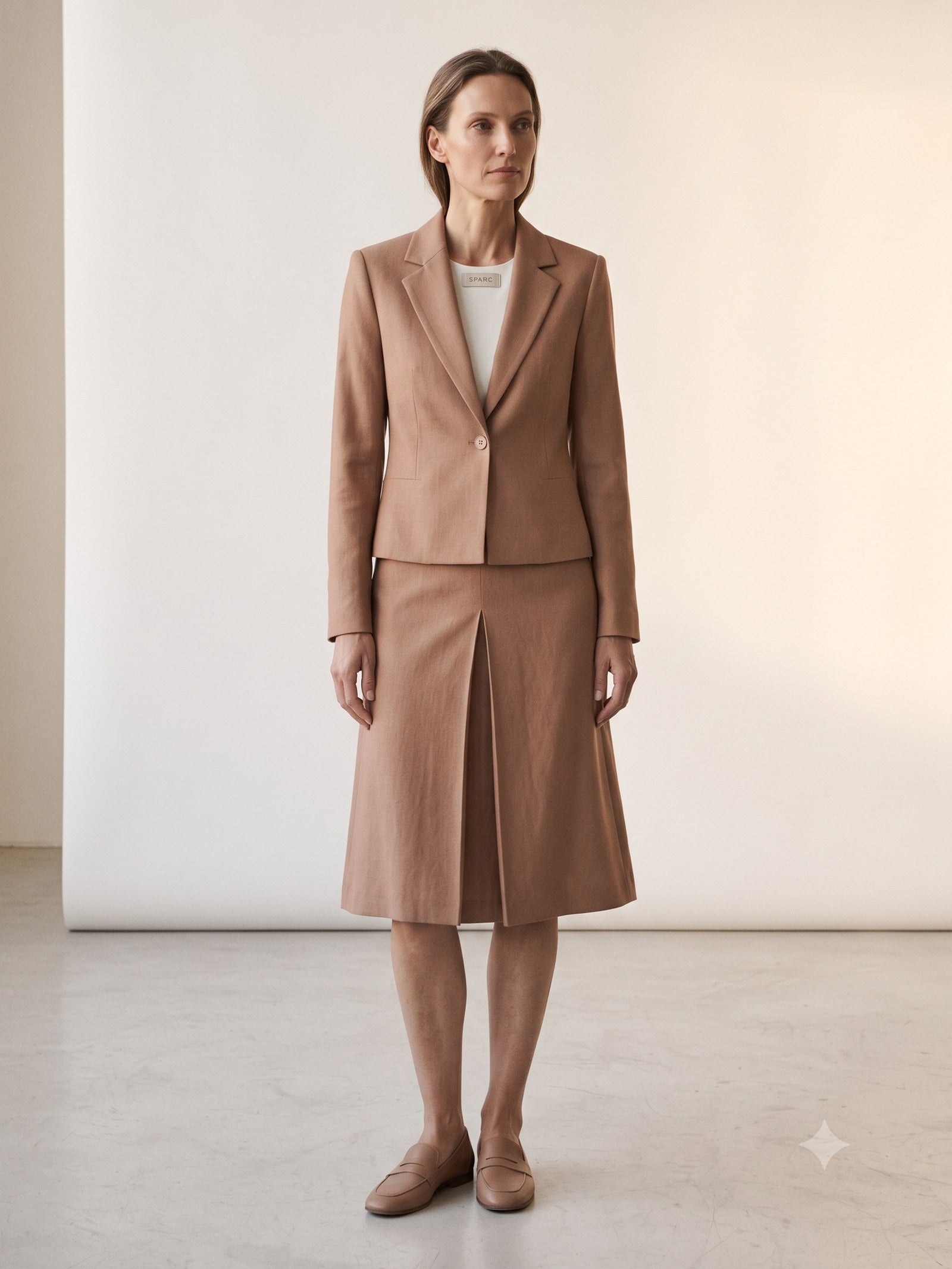Casement Wool-Linen Skirt Suit in Clay, front
