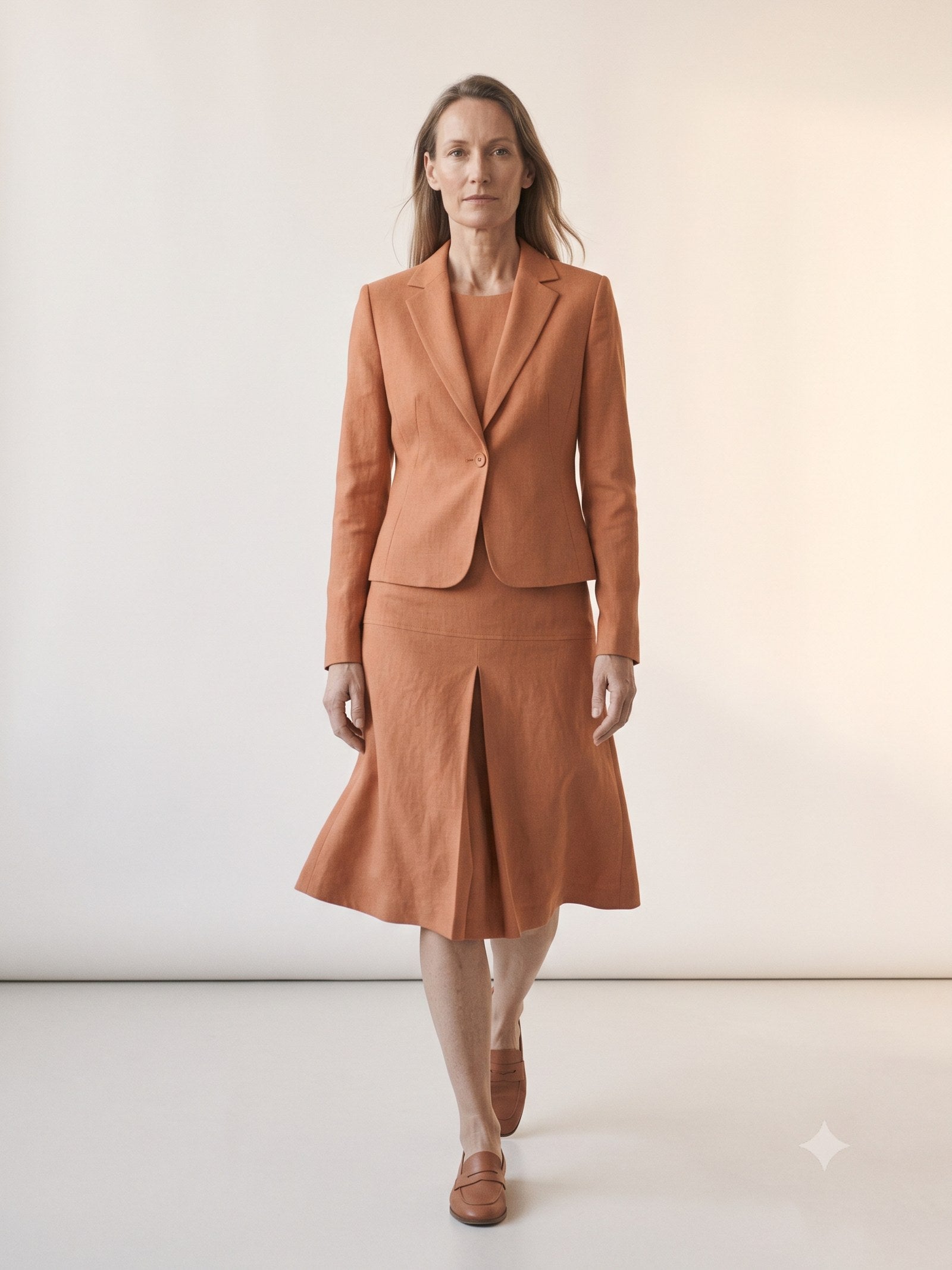 Casement Wool-Linen Skirt Suit in Clay, in motion