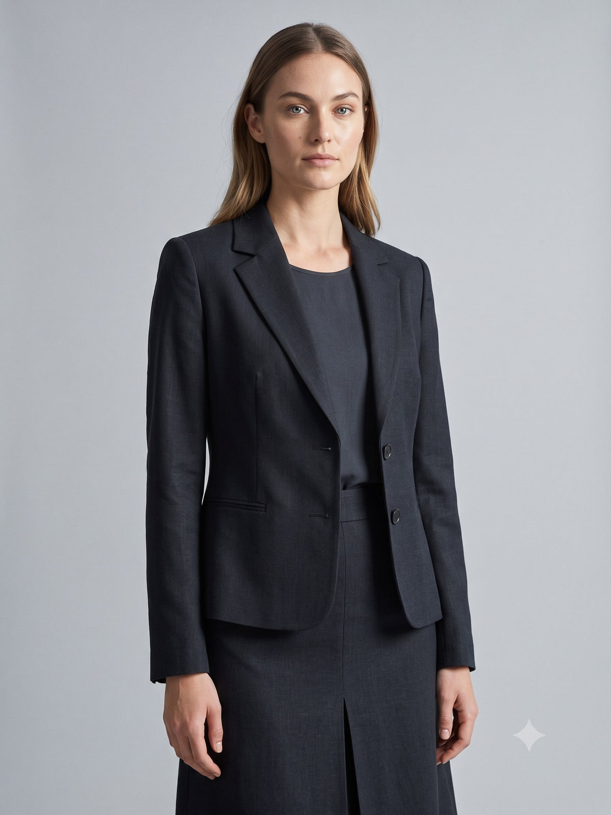 Casement Wool-Linen Skirt Suit in Ink, detail