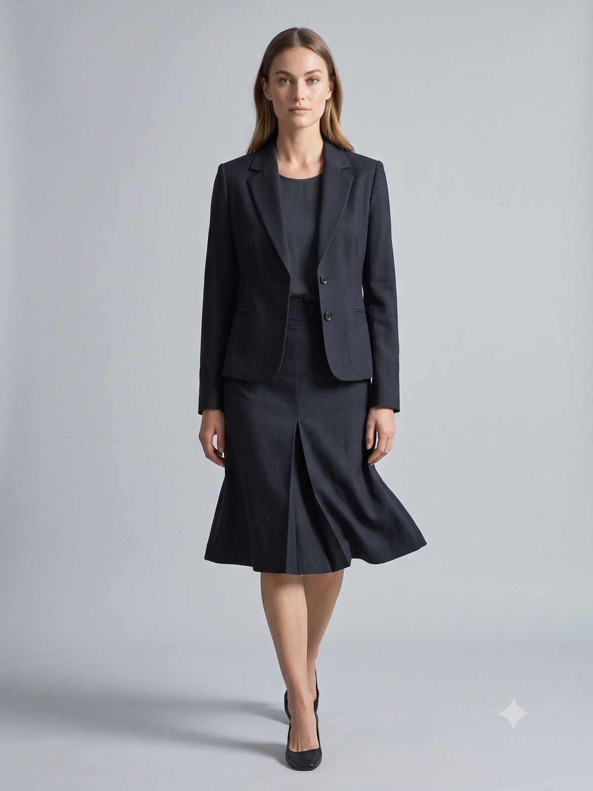 Casement Wool-Linen Skirt Suit in Ink, in motion