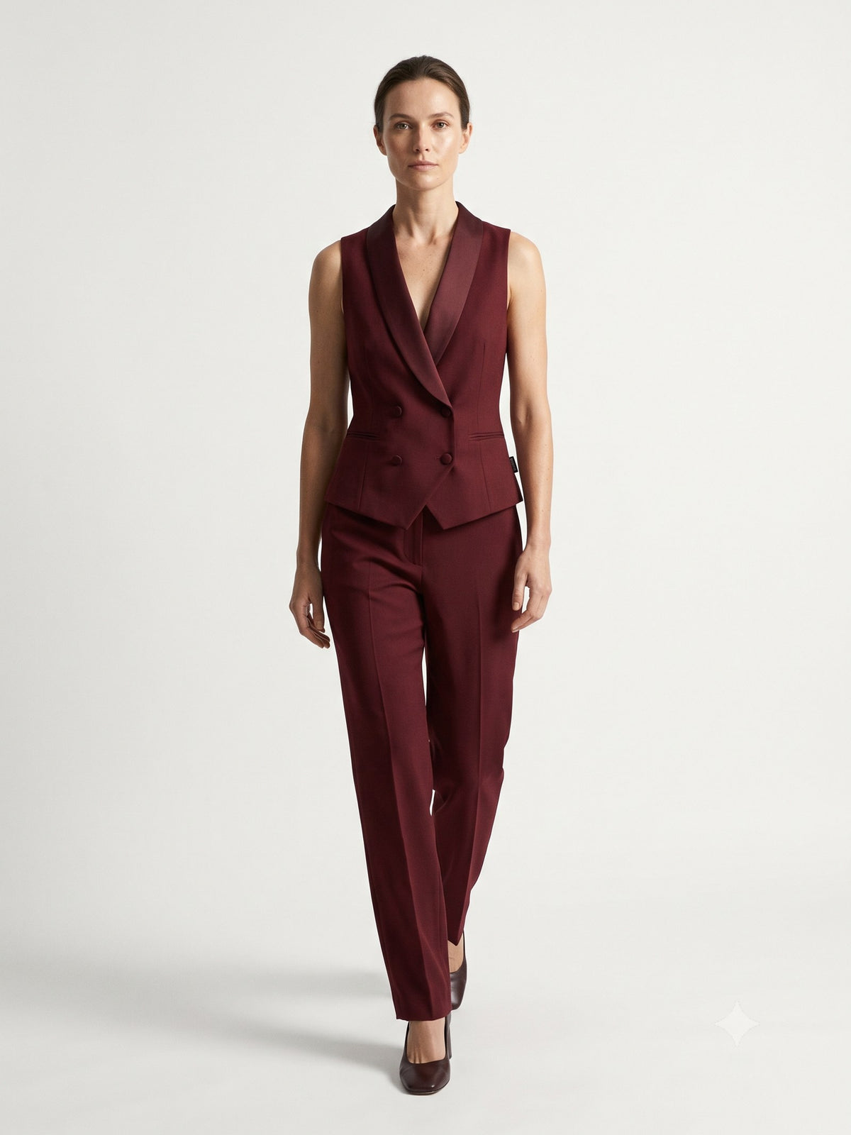 Censer Barathea Tuxedo Waistcoat in Claret, in motion