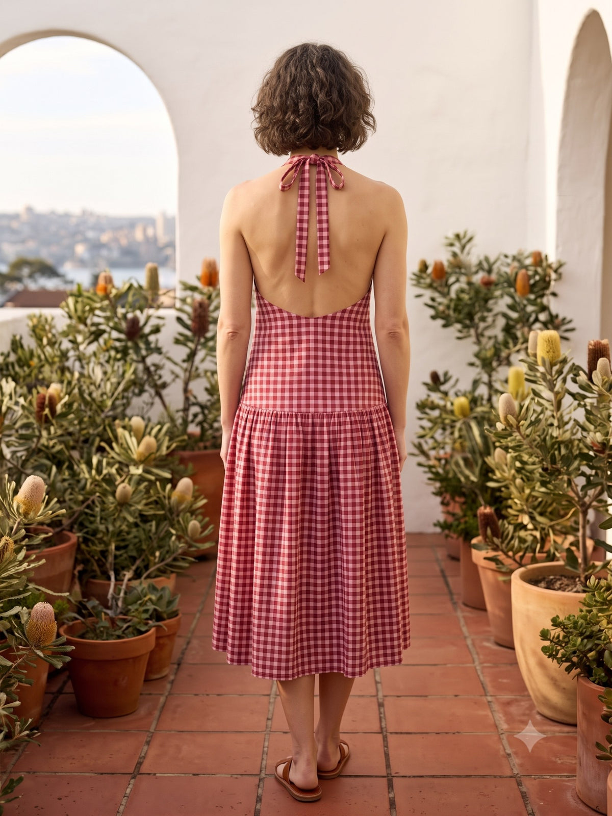 Cinder Drop-Waist Midi in Cherry Gingham, back