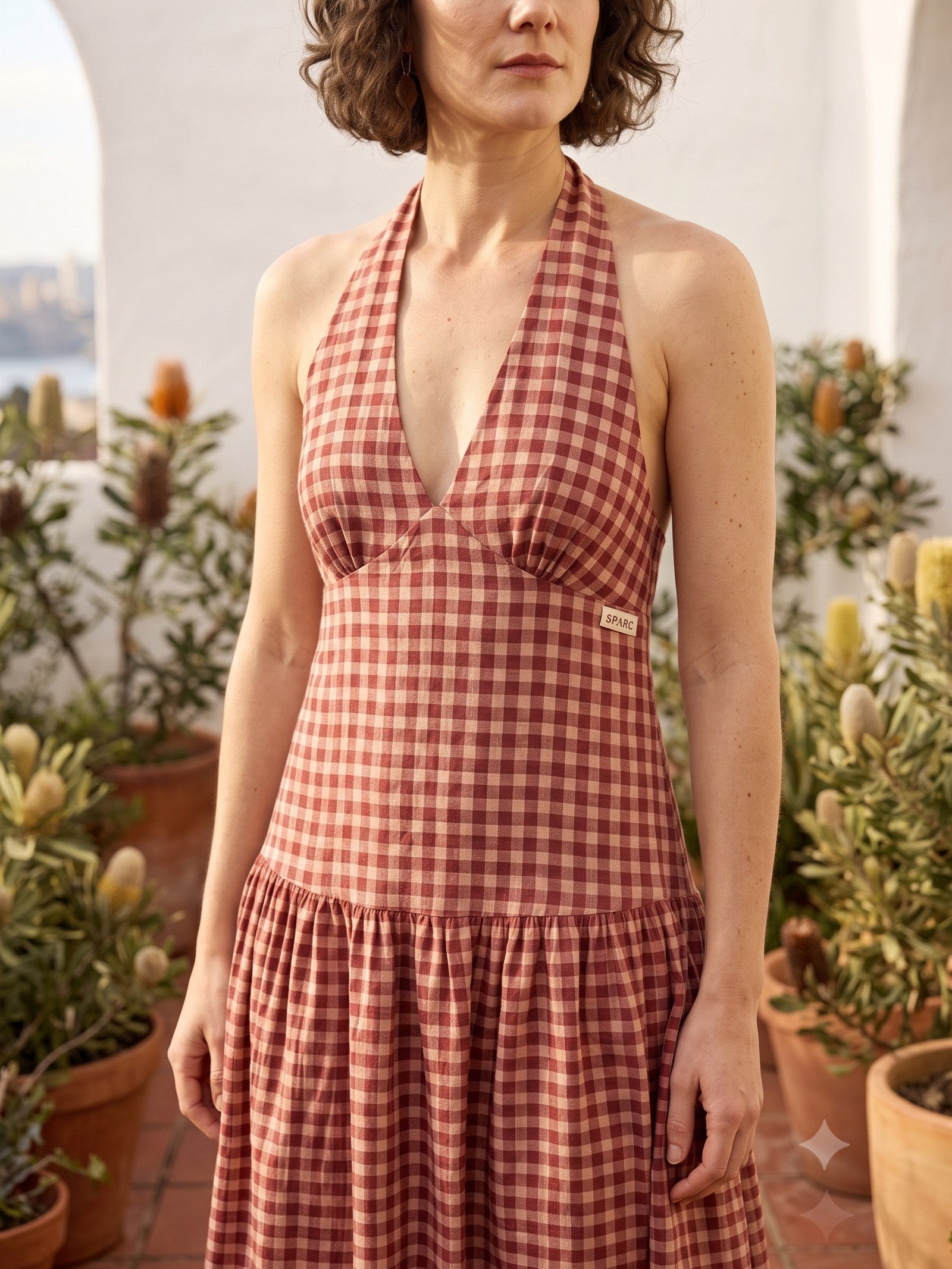 Cinder Drop-Waist Midi in Cherry Gingham, detail