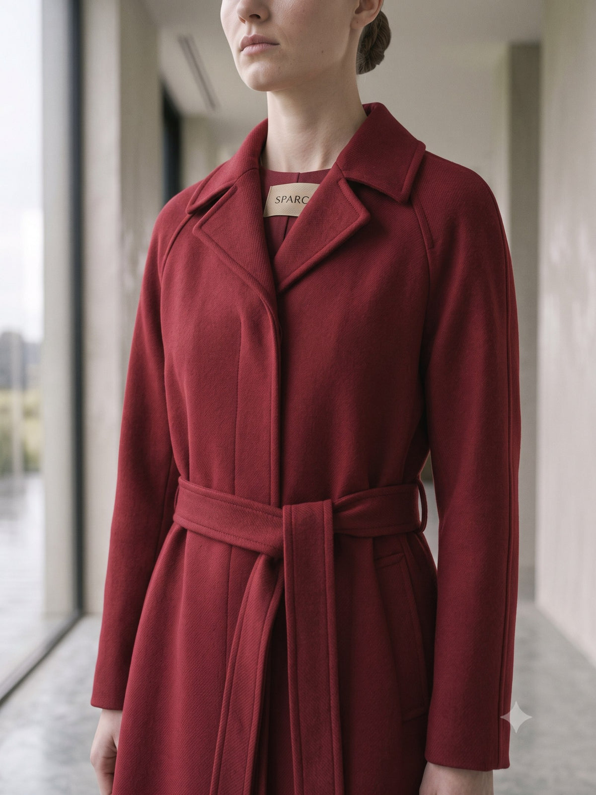 Compass Belted Trench Coat in Cherry Lacquer, detail