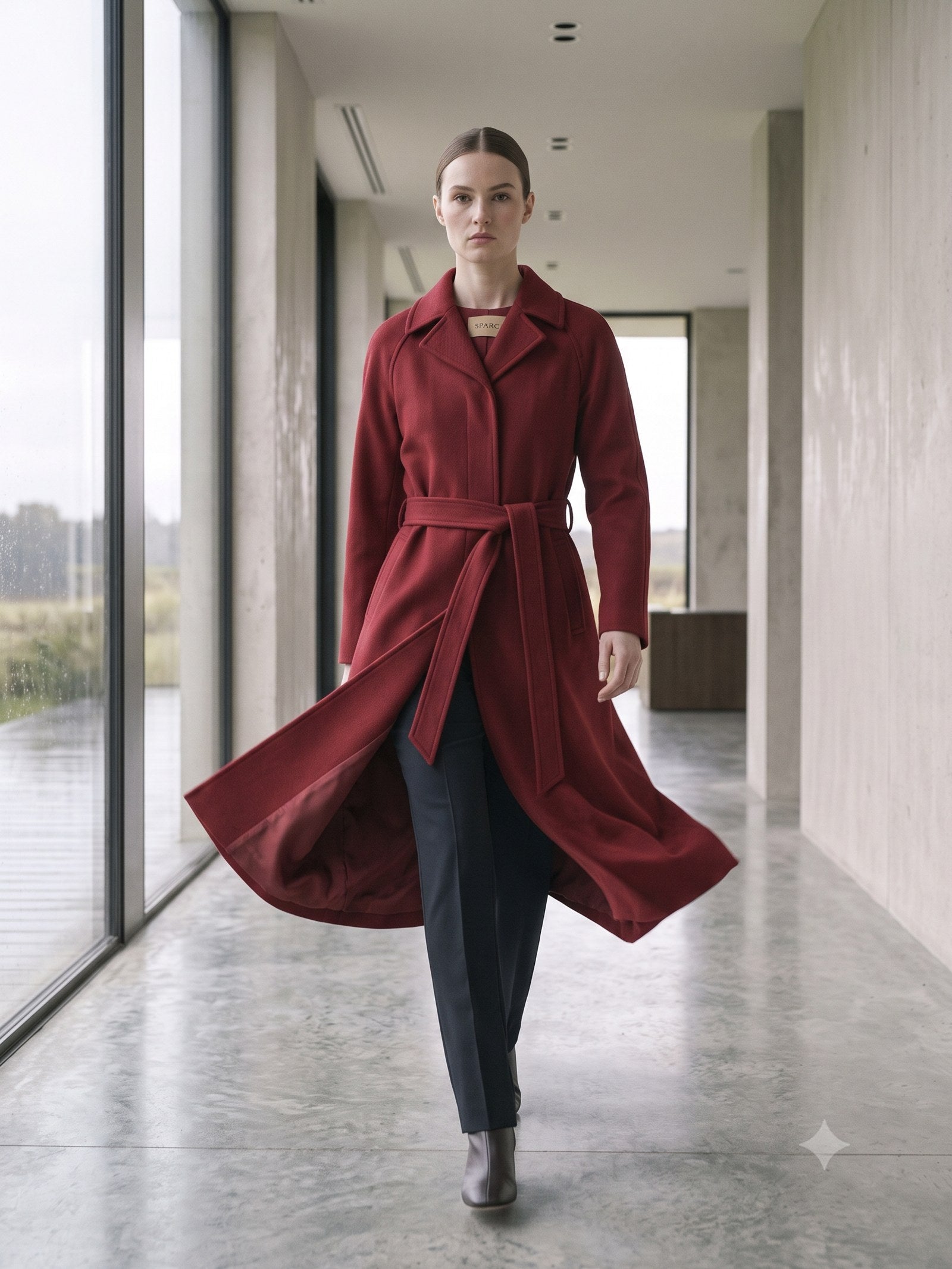 Compass Belted Trench Coat in Cherry Lacquer, in motion