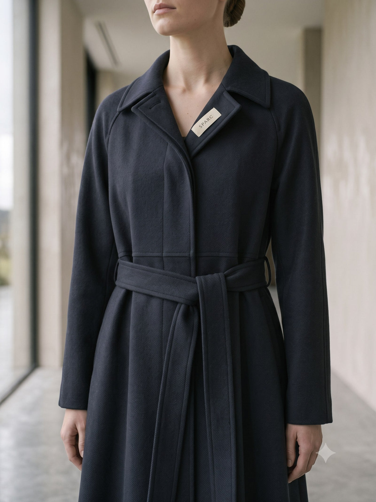 Compass Belted Trench Coat in Ink, detail