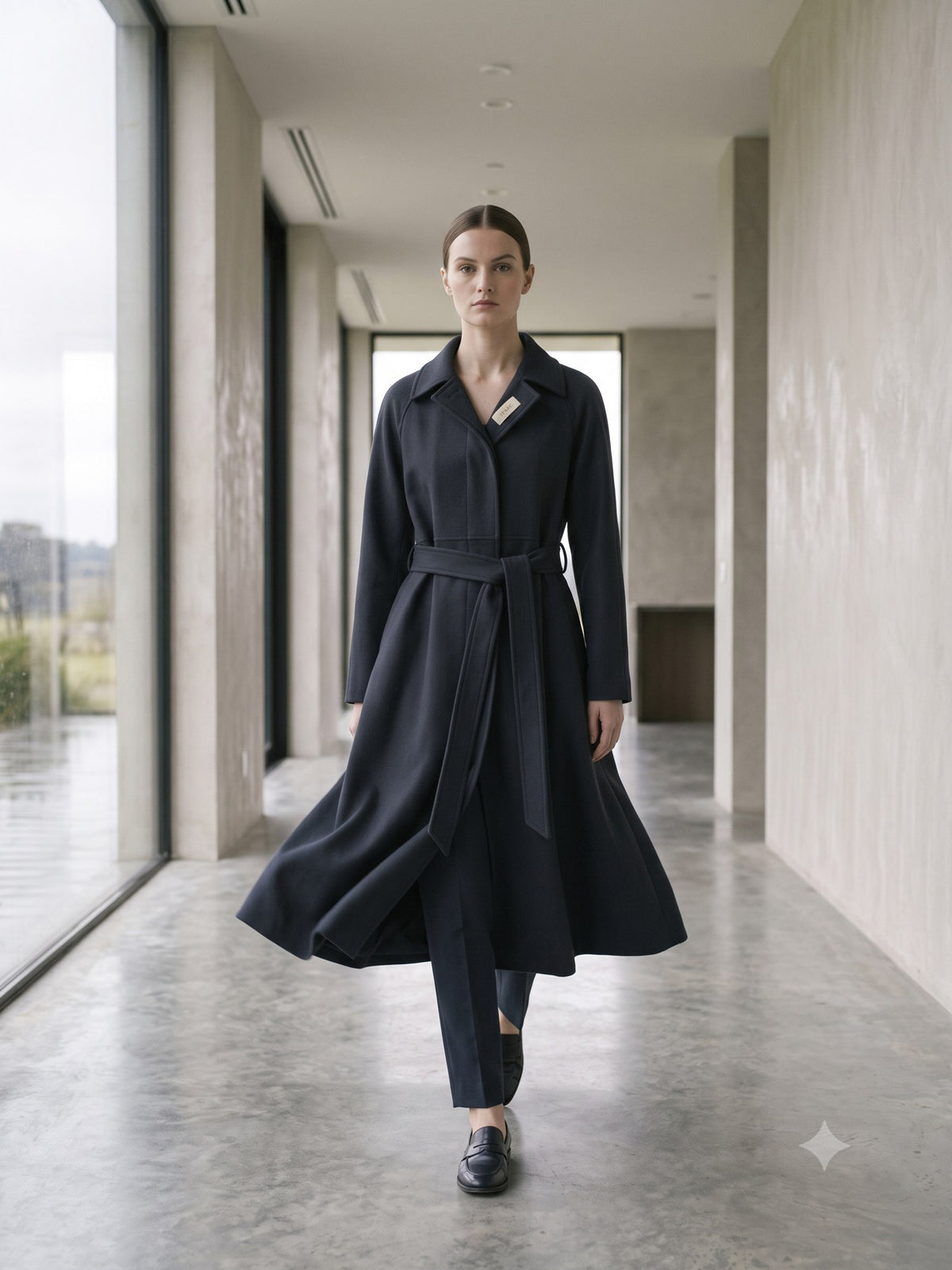 Compass Belted Trench Coat in Ink, in motion