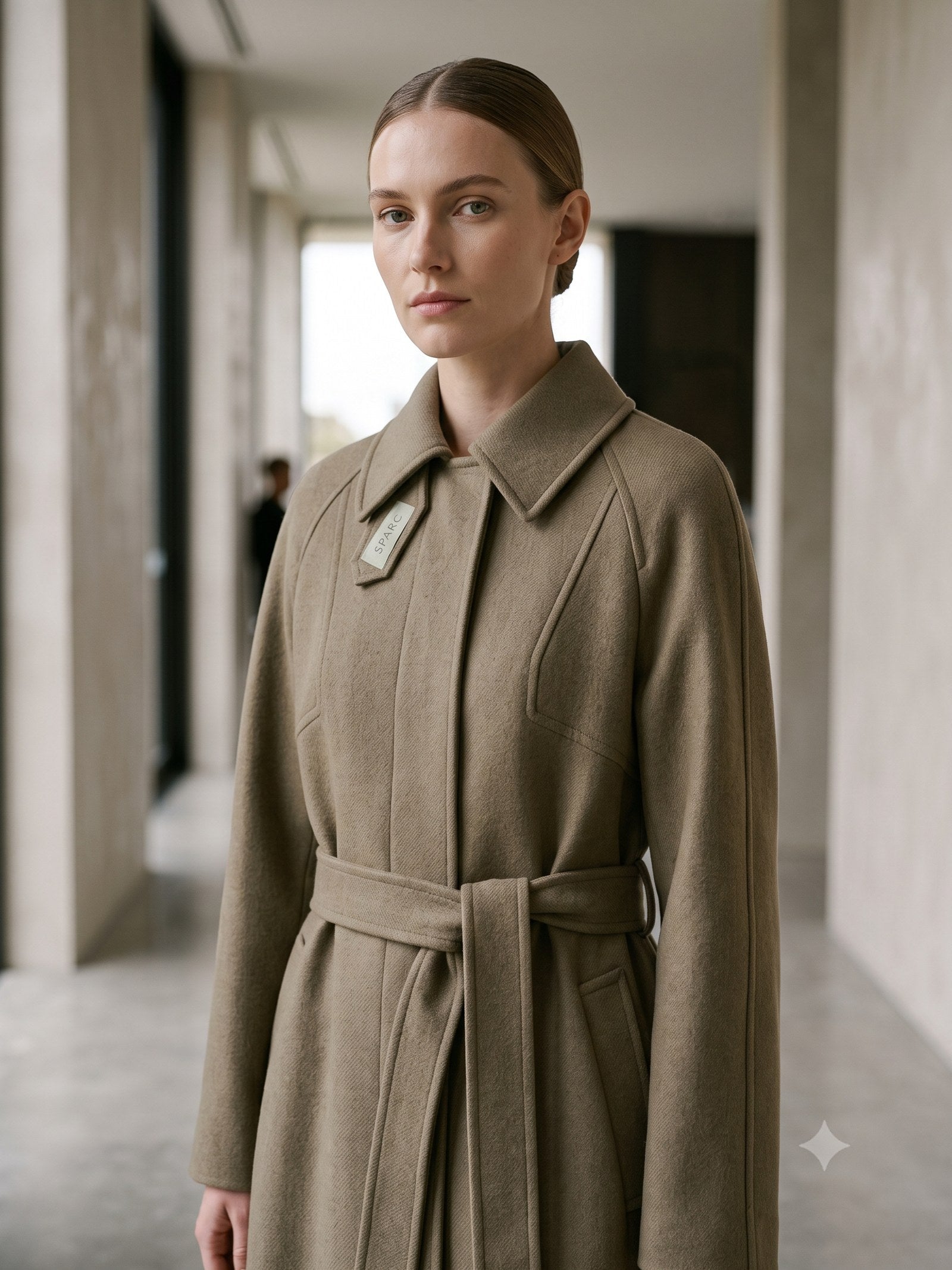 Compass Belted Trench Coat in Sand, detail