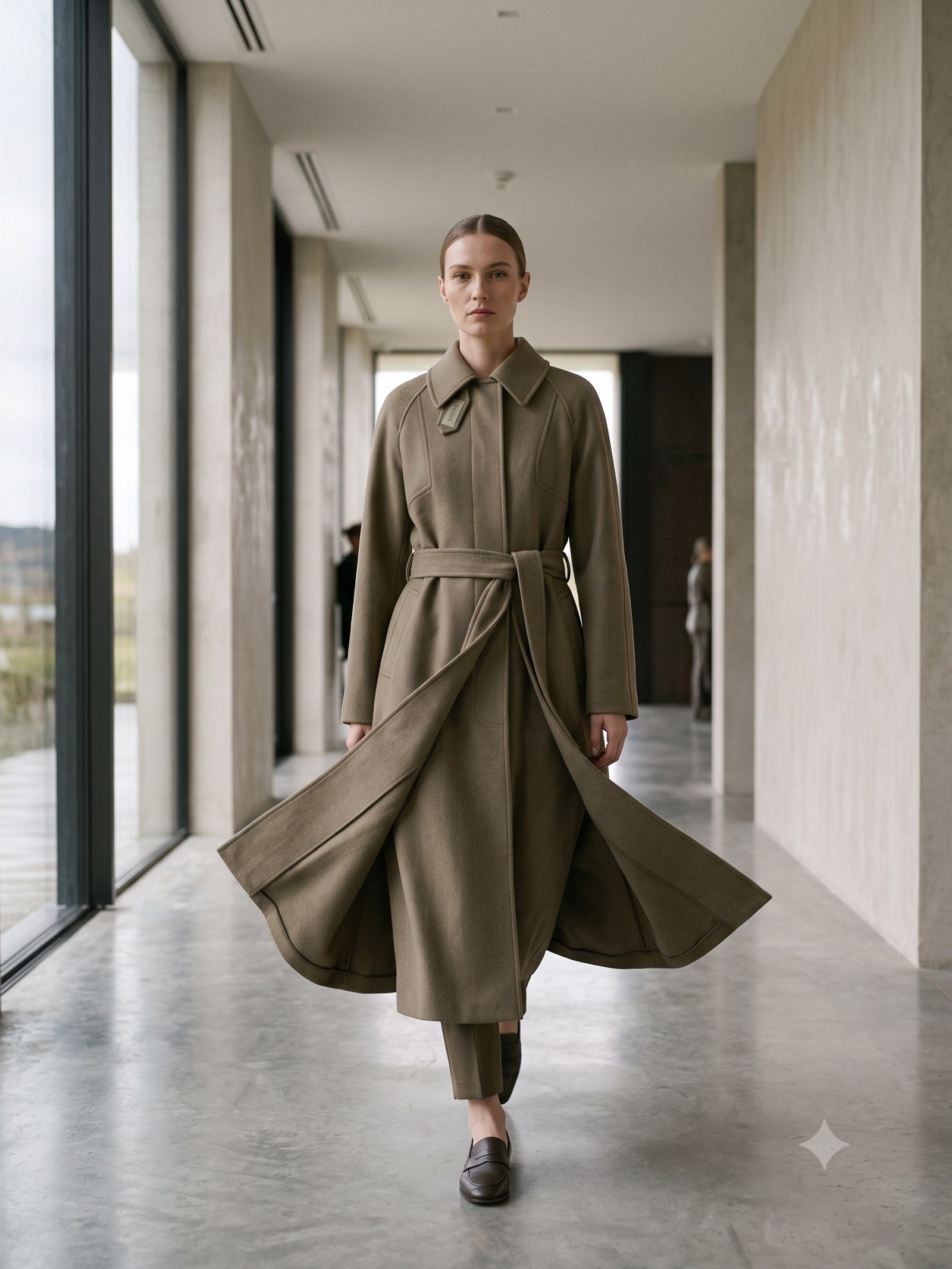 Compass Belted Trench Coat in Sand, in motion