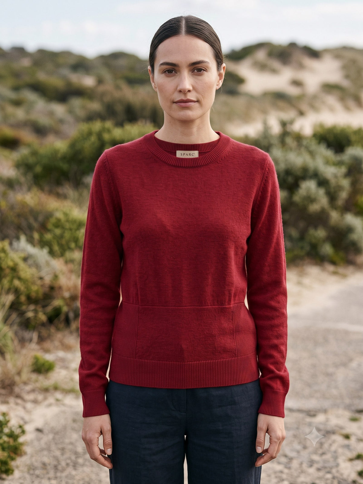 Core Merino Crew Knit in Cherry Lacquer, detail