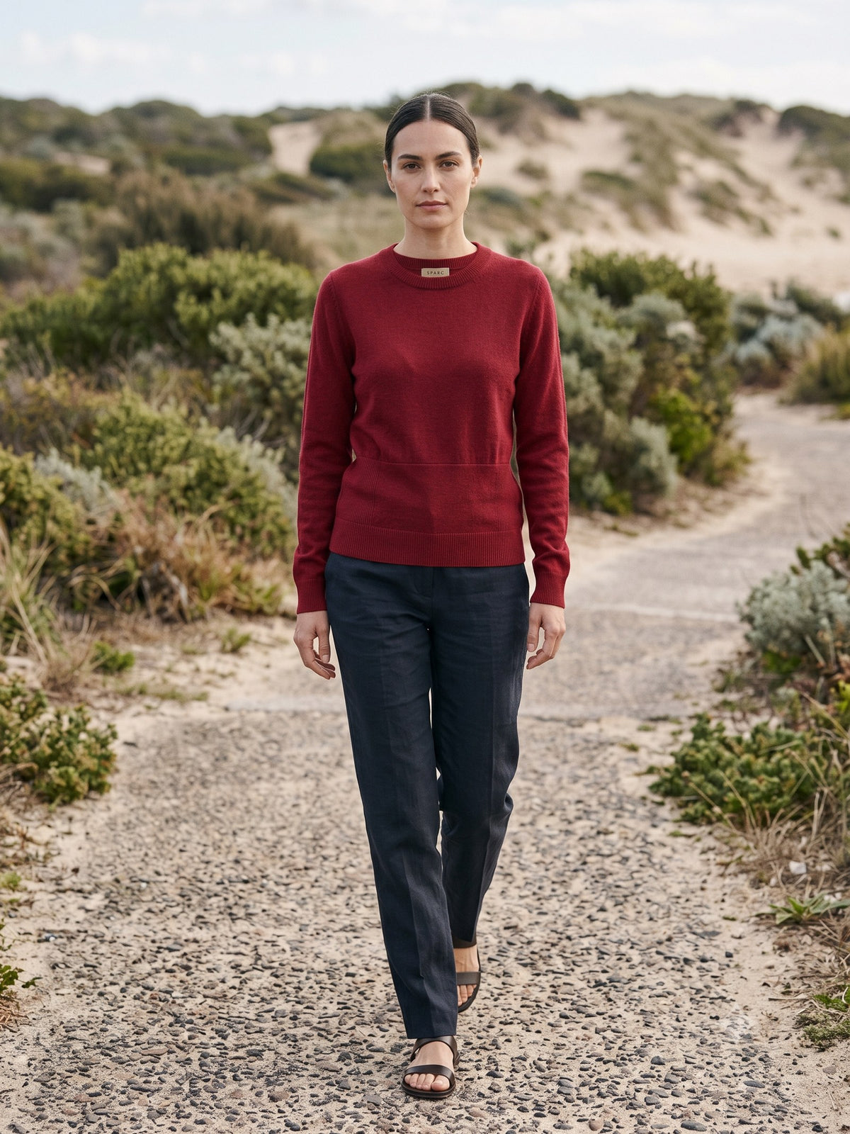 Core Merino Crew Knit in Cherry Lacquer, in motion