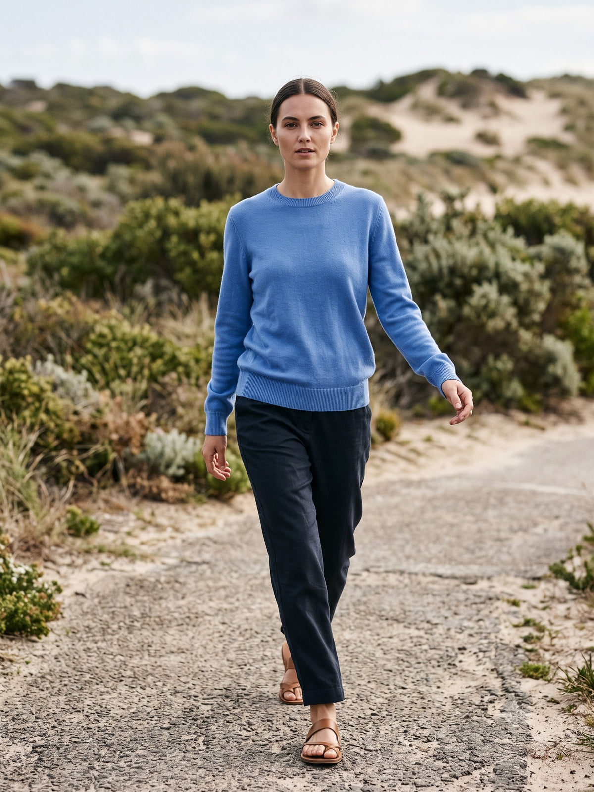 Core Merino Crew Knit in Cornflower, in motion