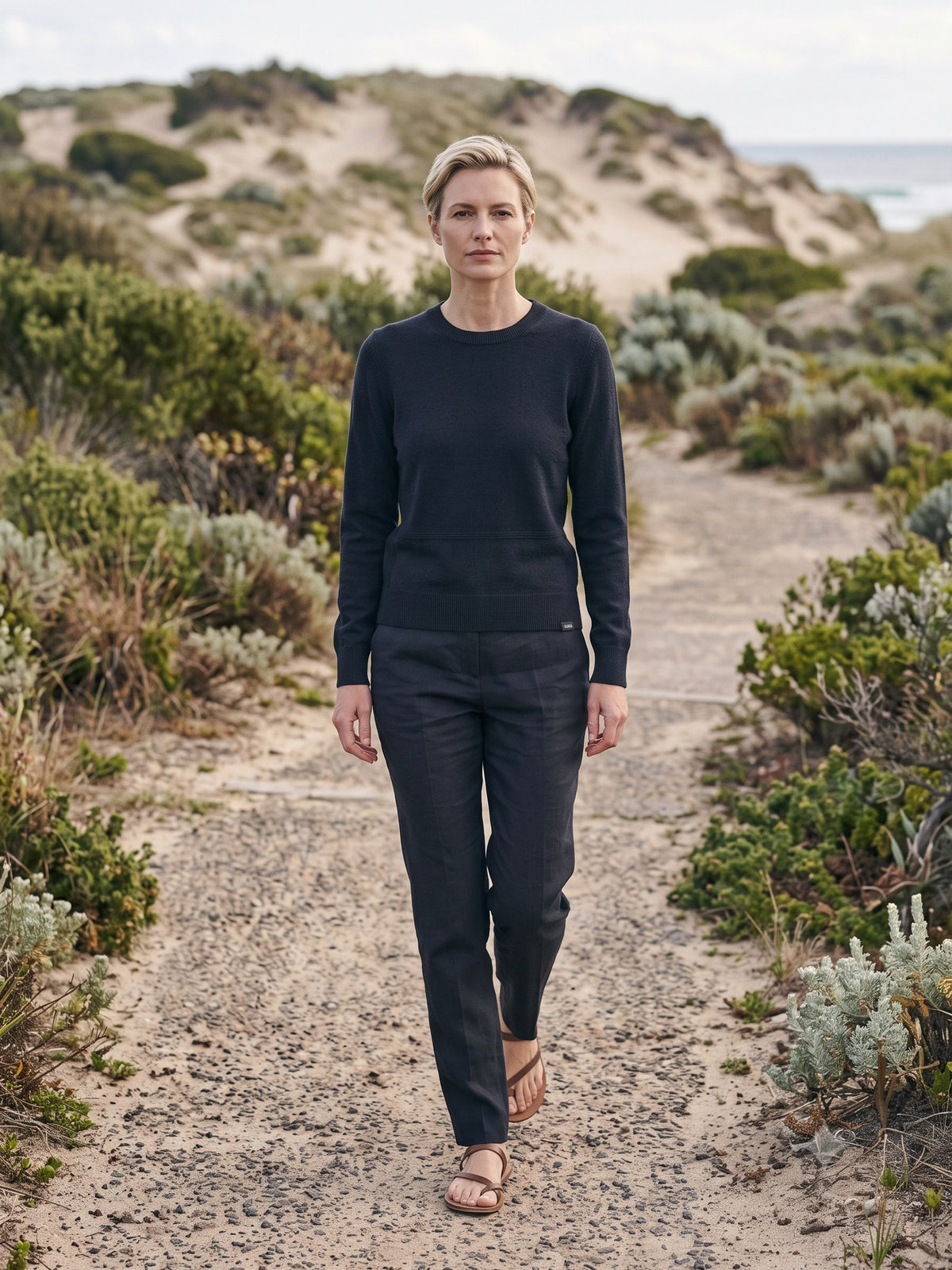 Core Merino Crew Knit in Ink, in motion