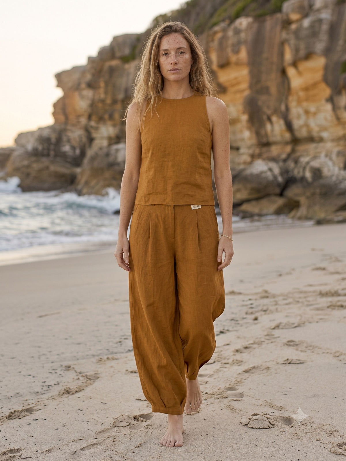 Cove Linen Balloon Pant in Olive, in motion