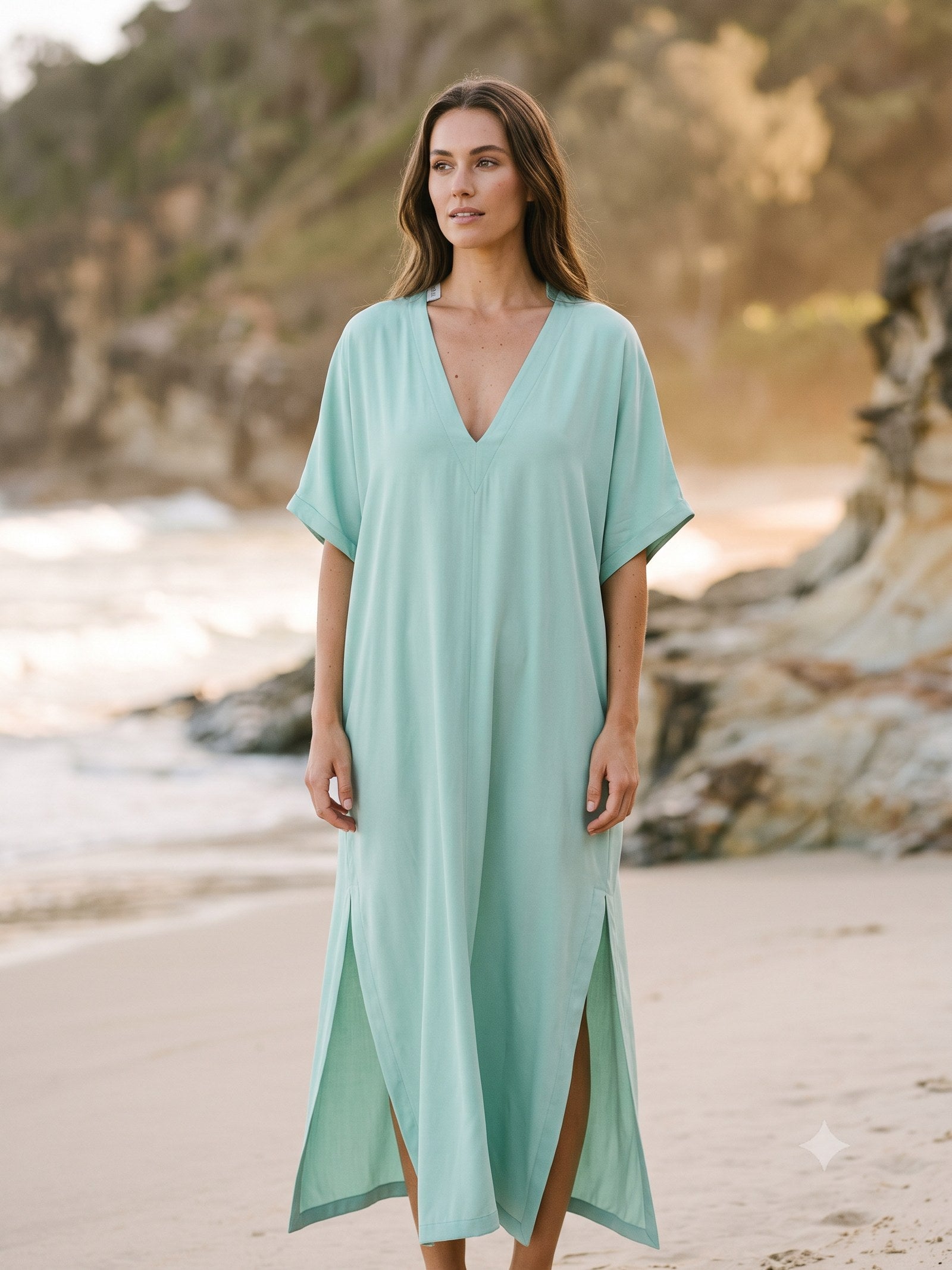 Drift Silk Kaftan in Seafoam, front