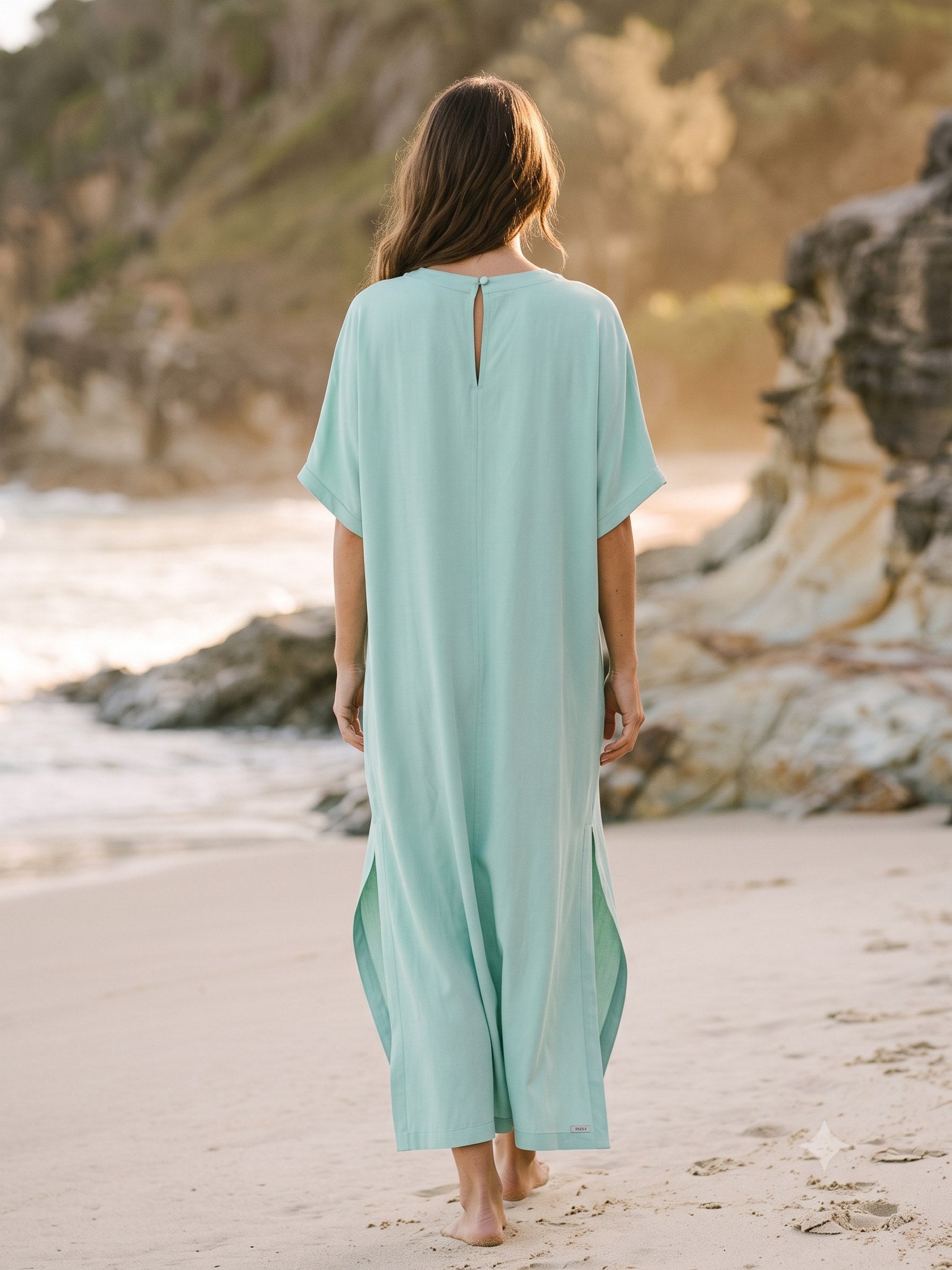 Drift Silk Kaftan in Seafoam, back