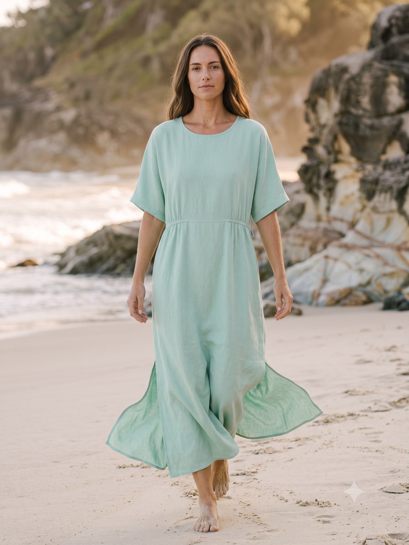 Drift Silk Kaftan in Seafoam, in motion