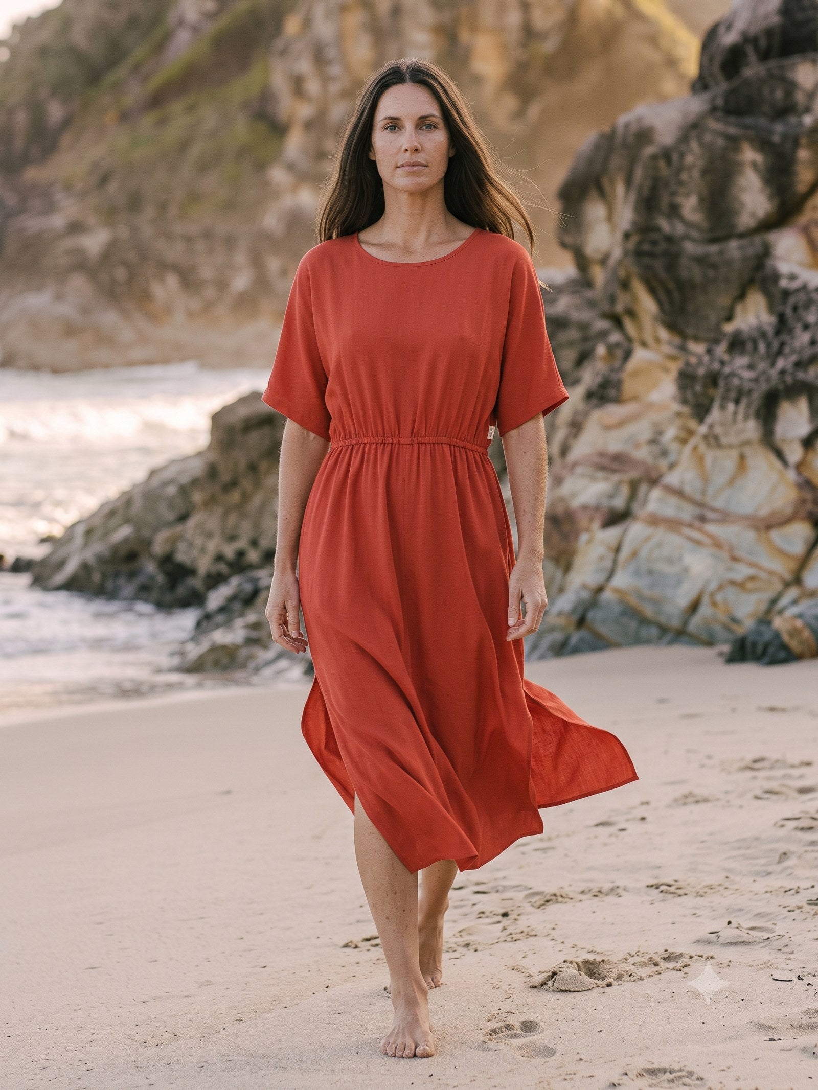 Drift Silk Kaftan in Tomato, in motion