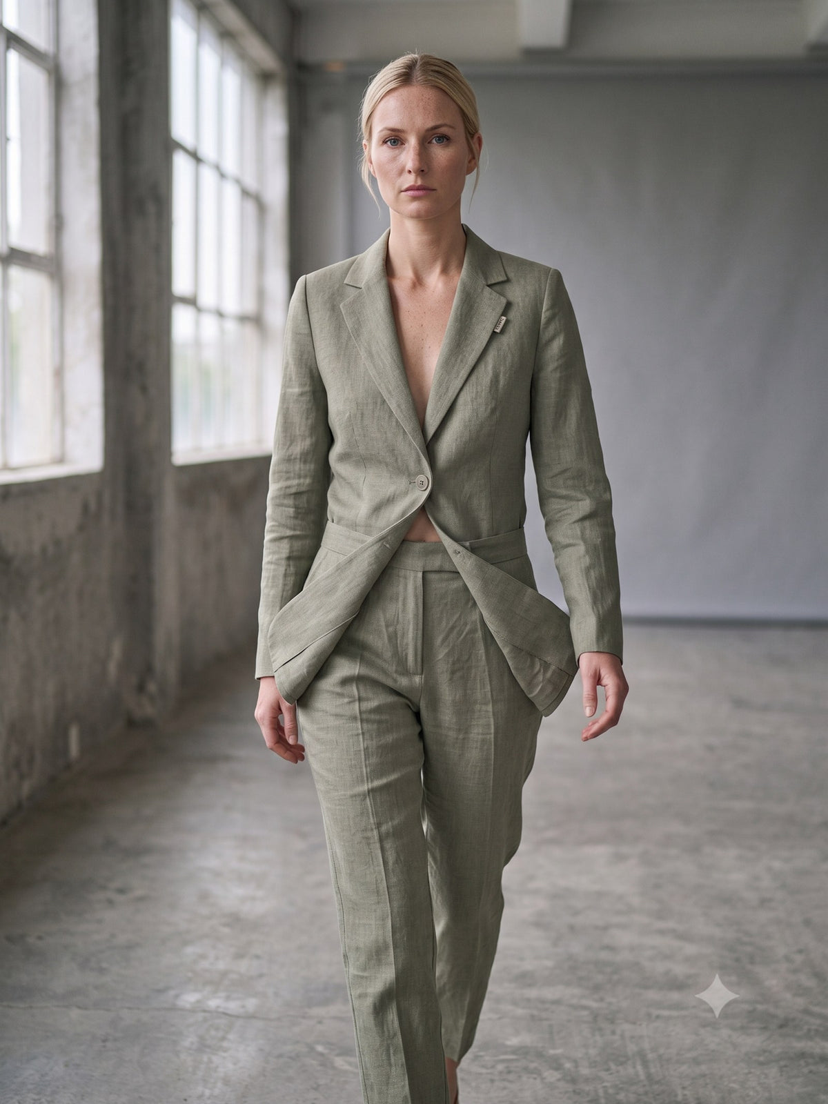 Eaves Cotton-Linen Suit Set in Eucalypt, in motion