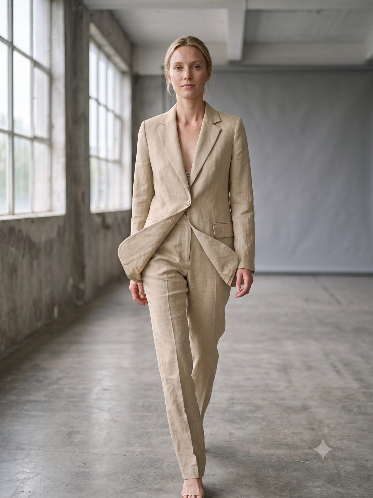 Eaves Cotton-Linen Suit Set in Oat, in motion