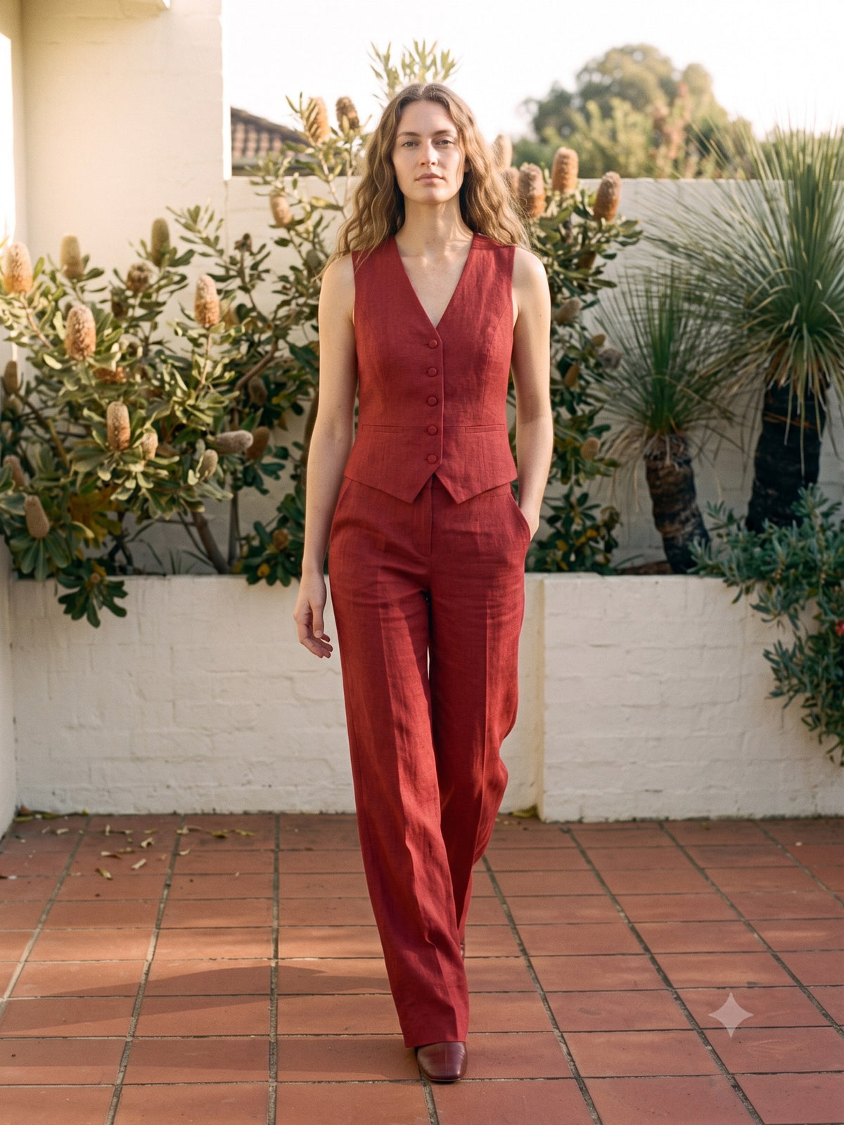 Filament Tailored Waistcoat in Cherry Lacquer, in motion