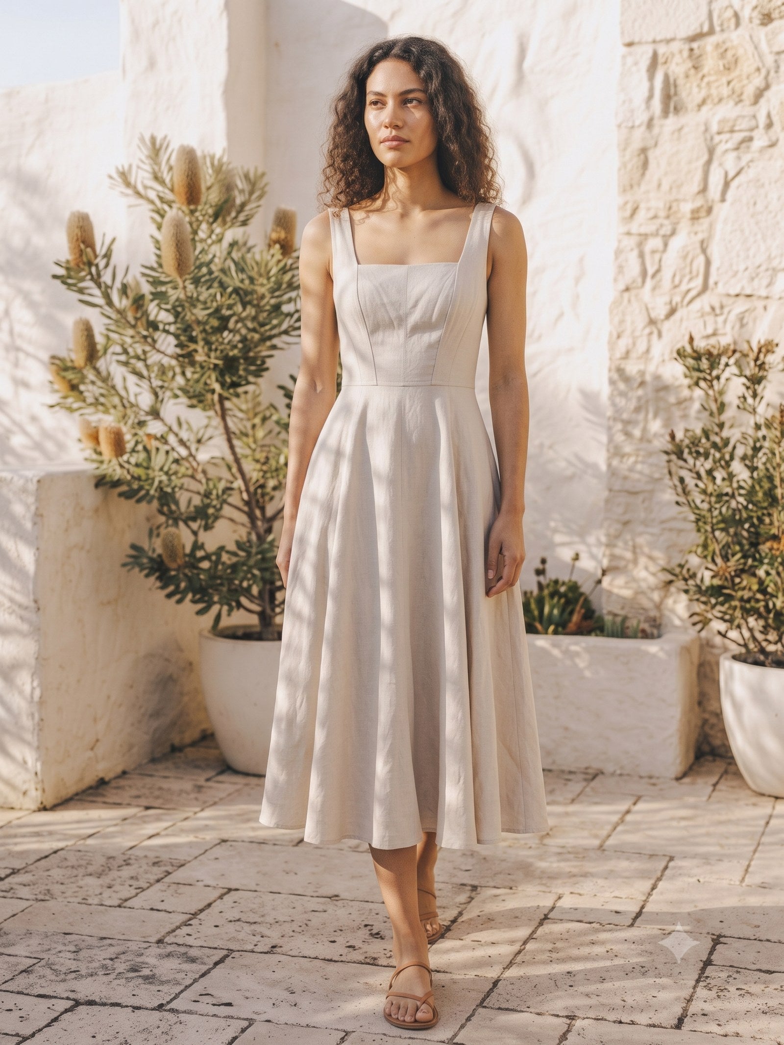 Flare Corset Linen Midi in Bone, front