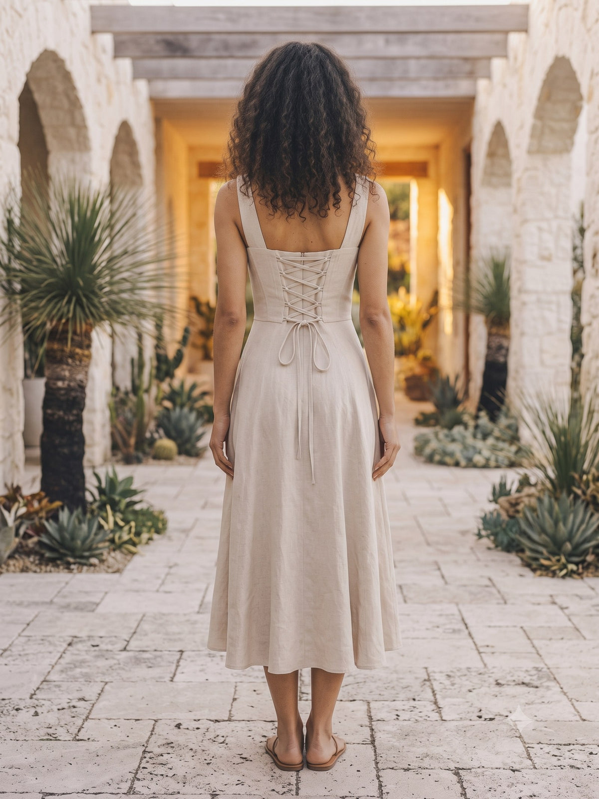 Flare Corset Linen Midi in Bone, back