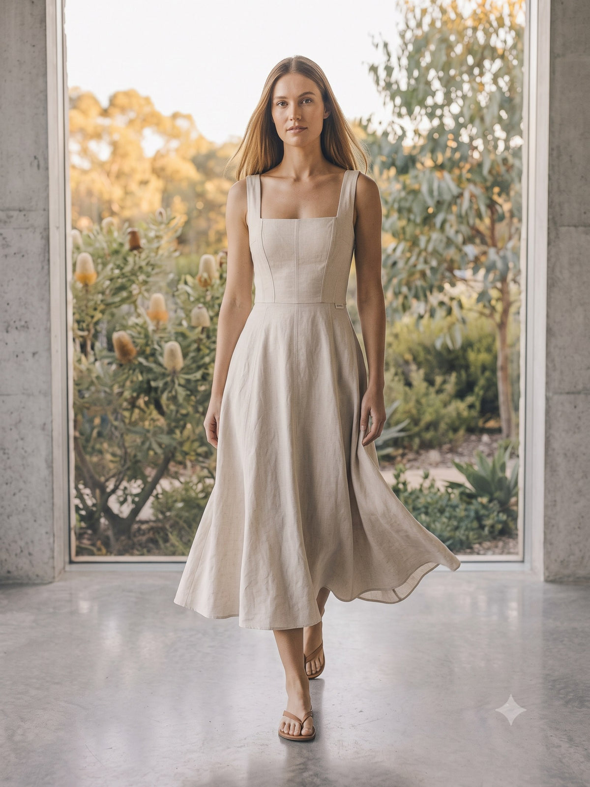 Flare Corset Linen Midi in Bone, in motion