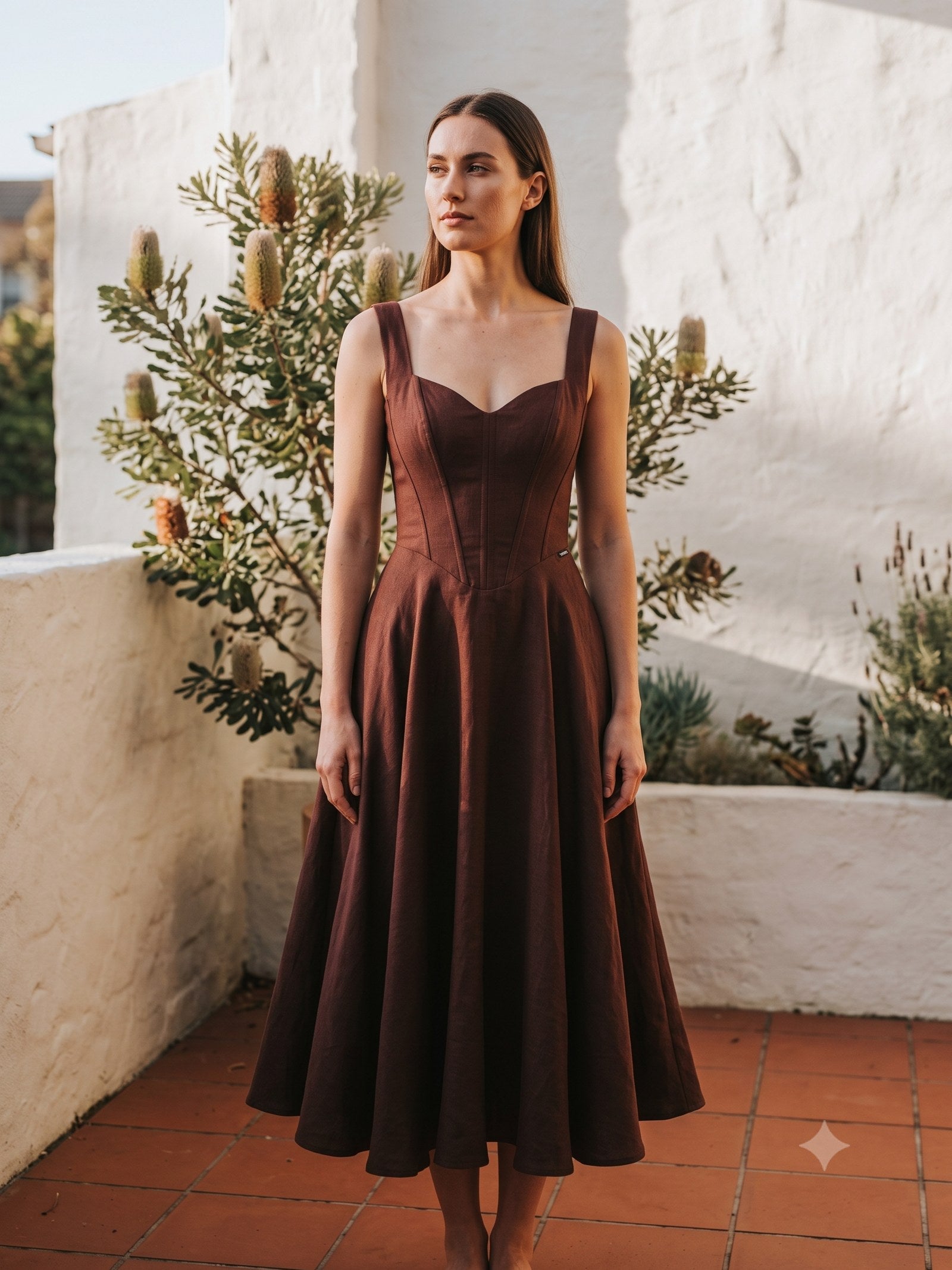 Flare Corset Linen Midi in Chocolate, front