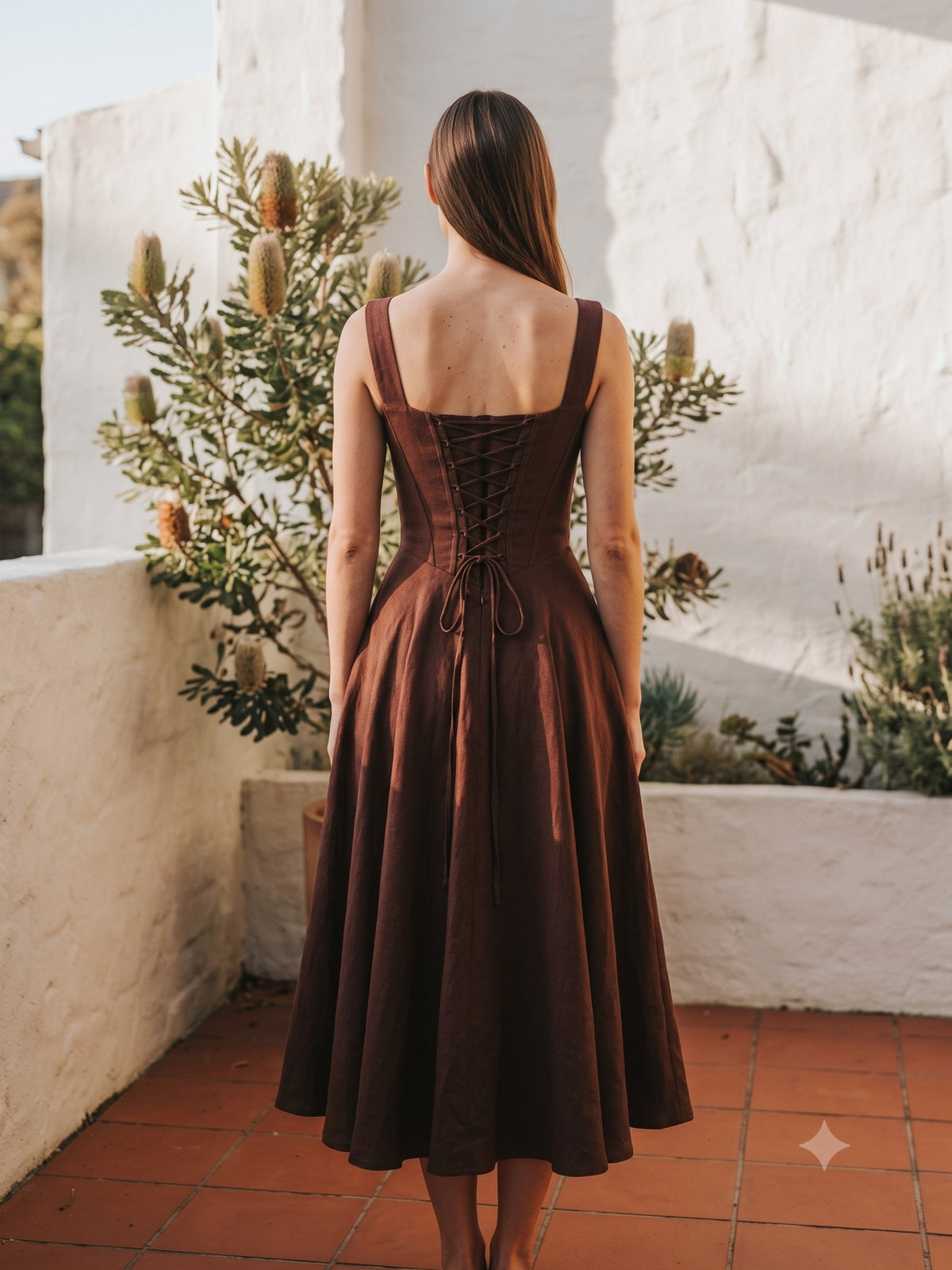 Flare Corset Linen Midi in Chocolate, back