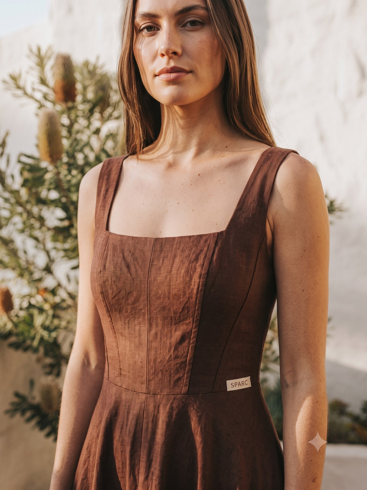 Flare Corset Linen Midi in Chocolate, detail