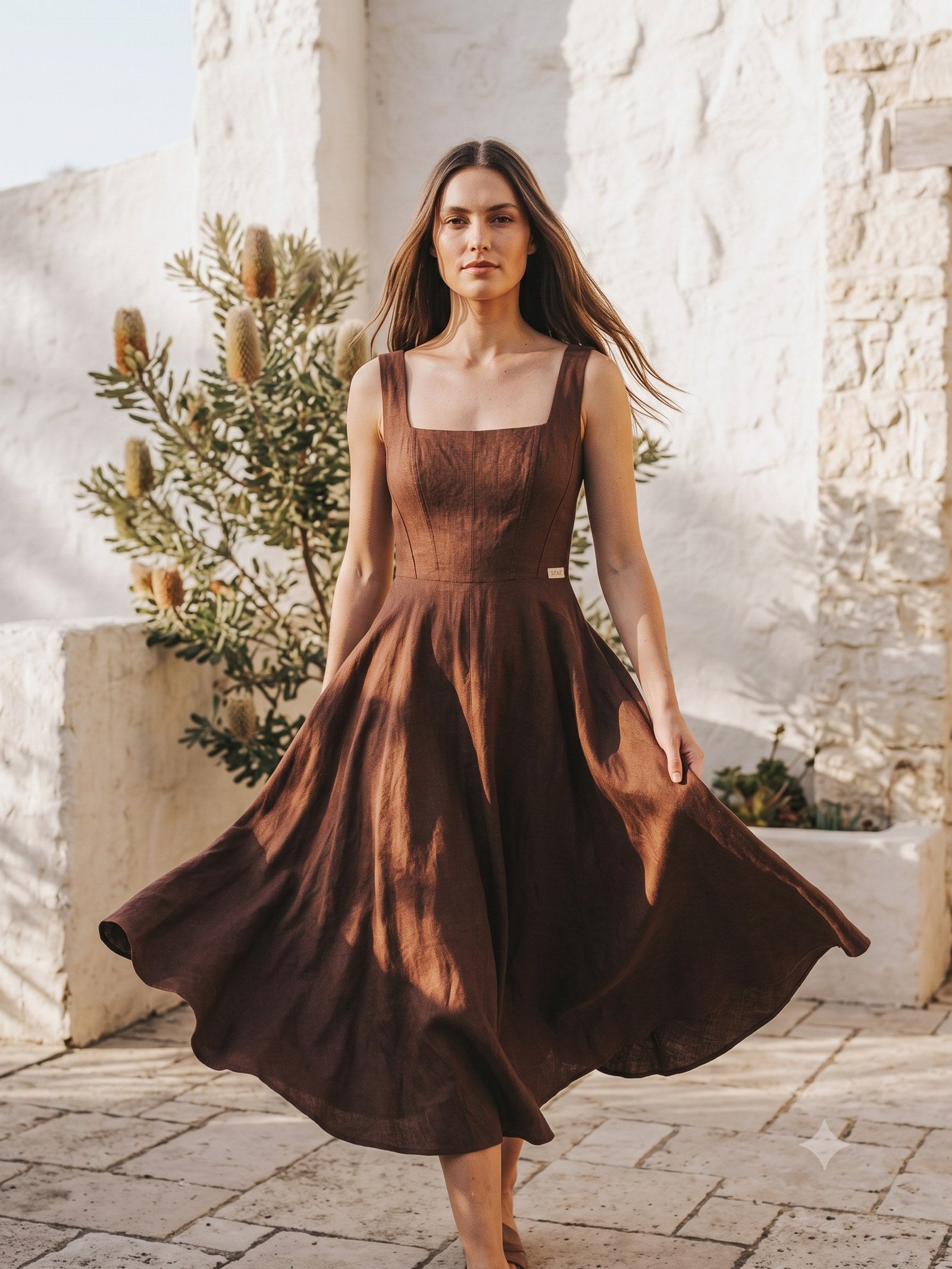 Flare Corset Linen Midi in Chocolate, in motion