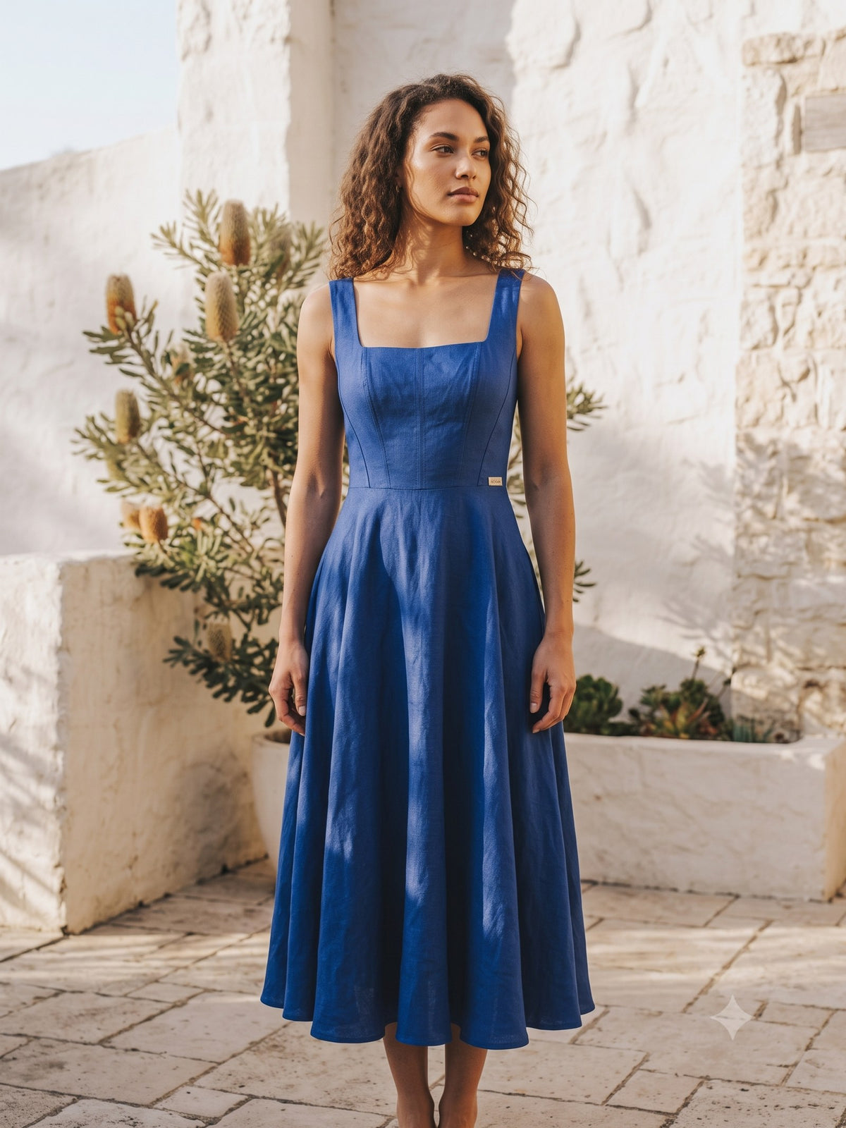 Flare Corset Linen Midi in Cobalt, front