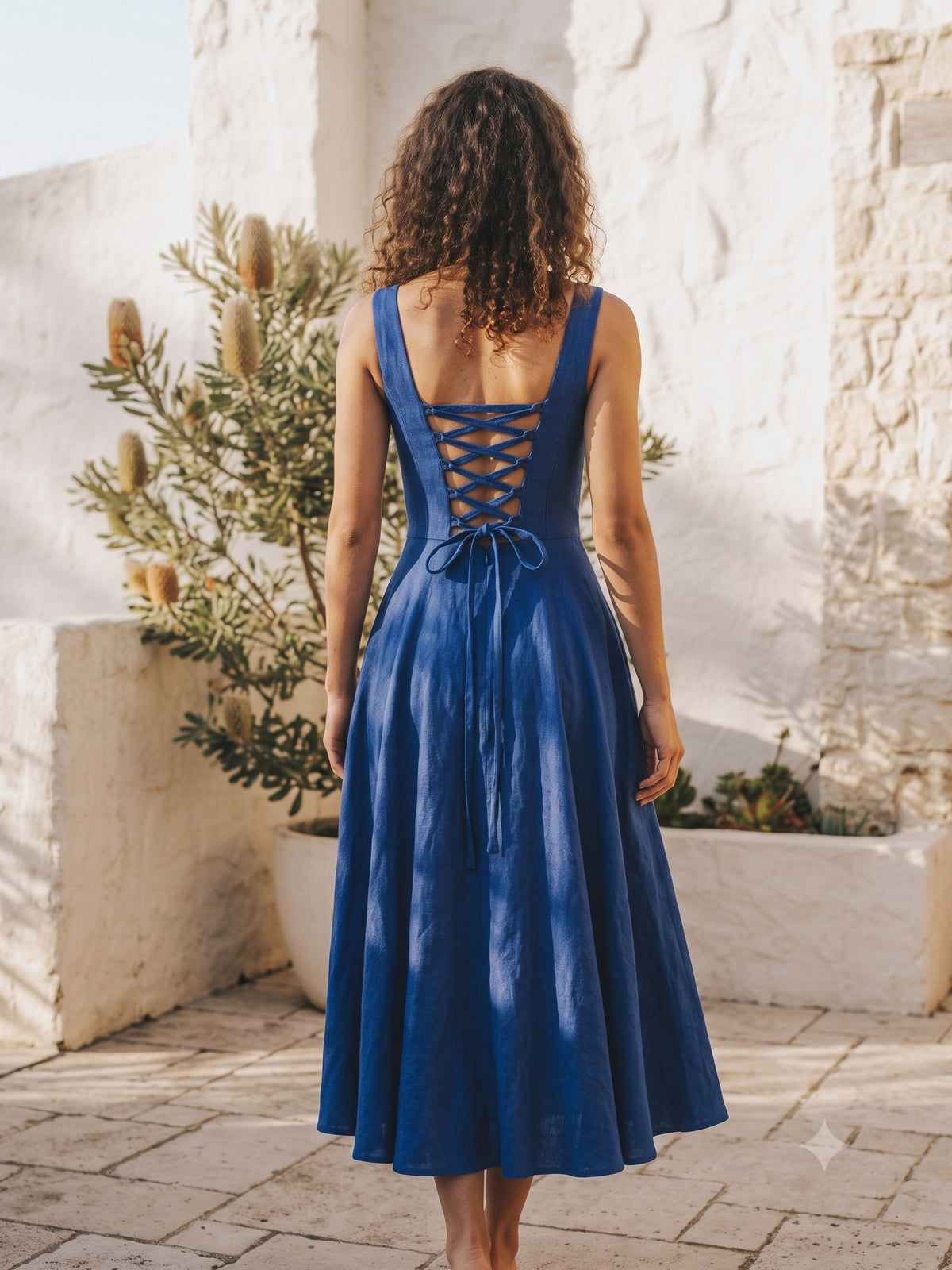 Flare Corset Linen Midi in Cobalt, back
