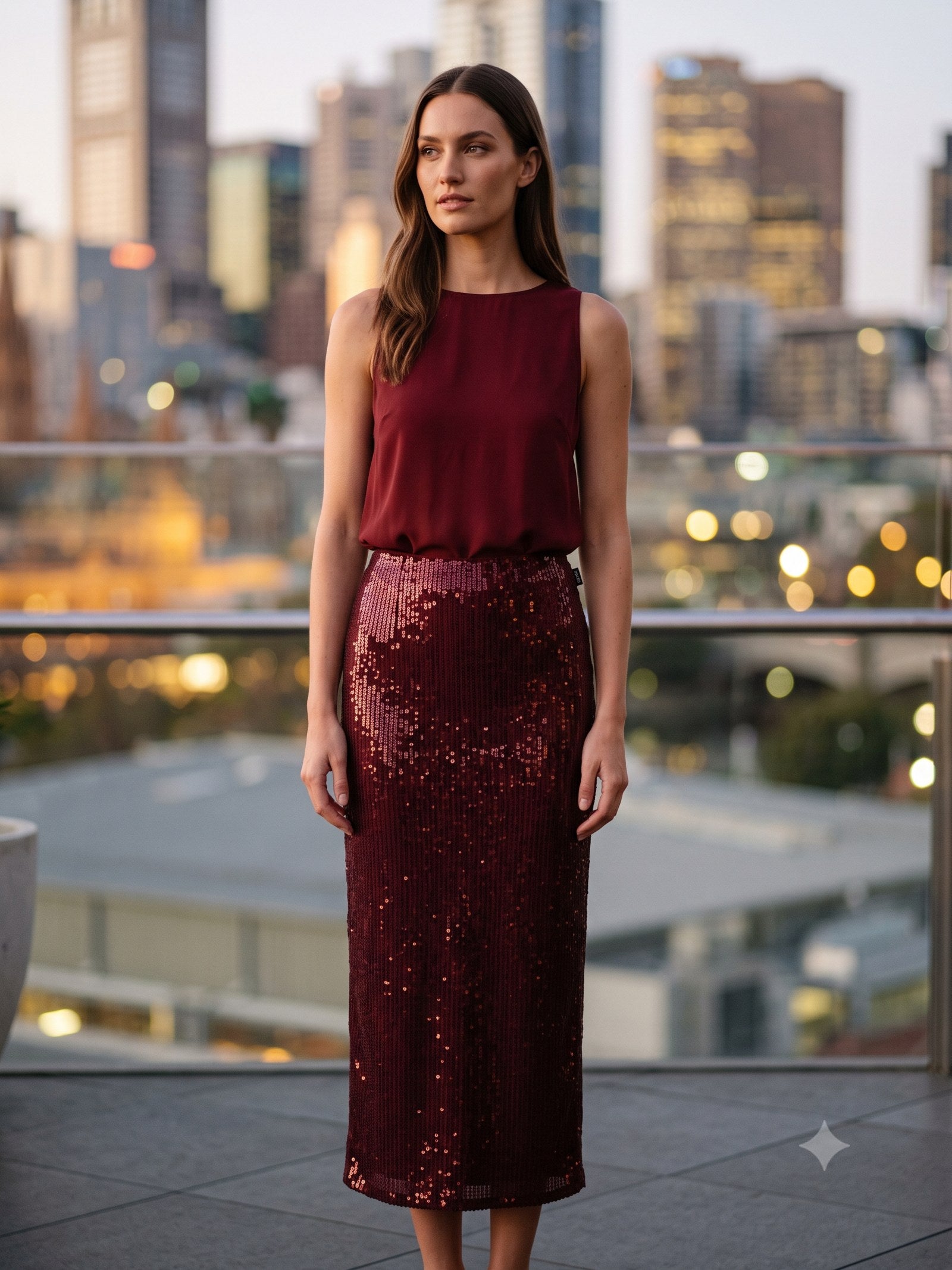 Flint Sequin Midi Skirt in Garnet, front
